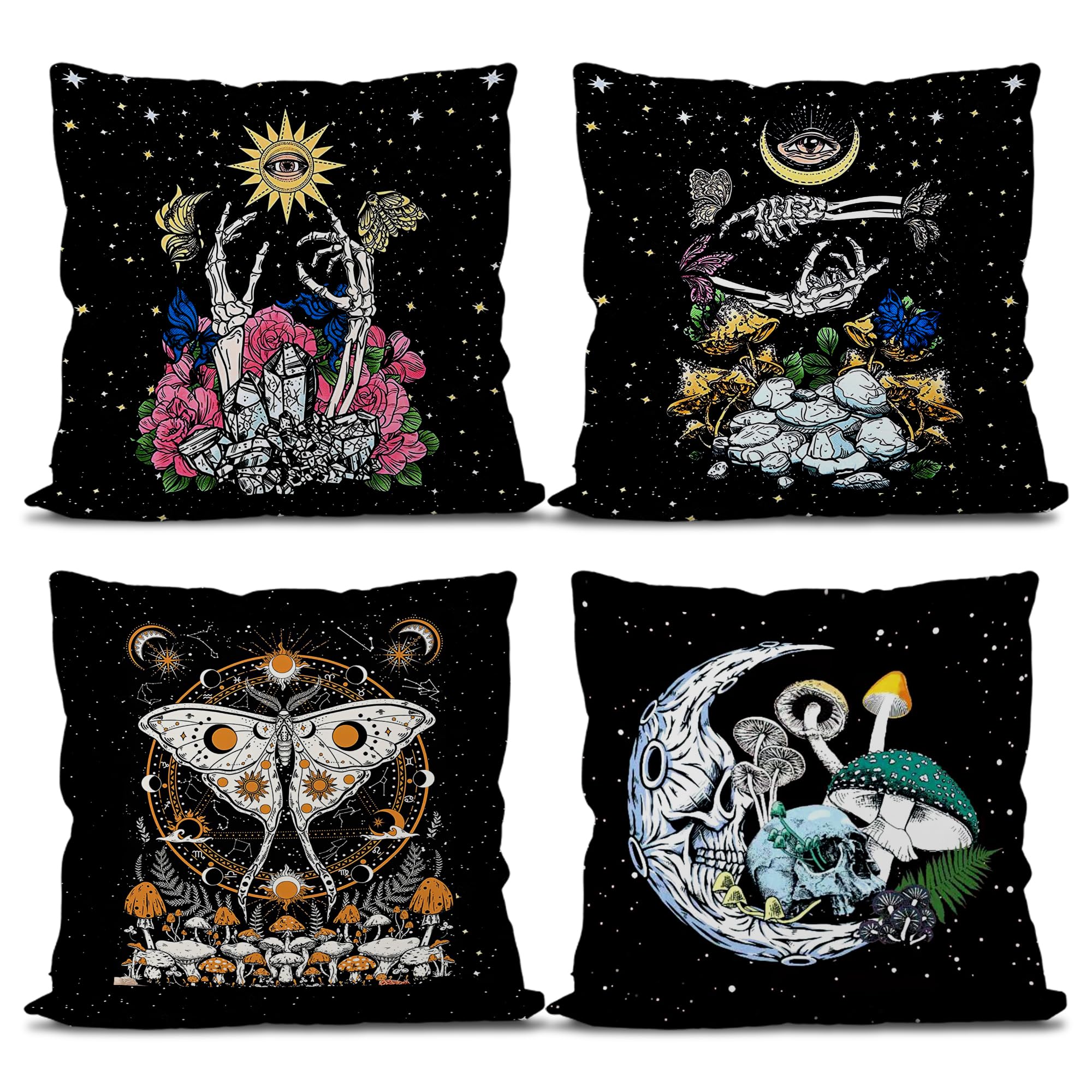 Knibeo Gothic Halloween Pillow Covers Set of 4 - 18x18 Inch Witchy Decor, Tarot Throw Pillows for Bedroom & Living Room - Perfect for Halloween Party, Gothic Home Decor, and Astrology Lover Gifts