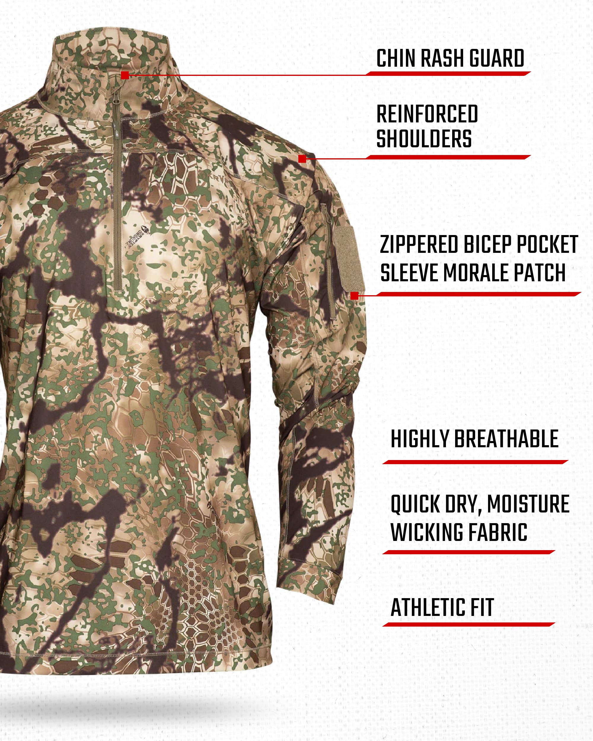 Kryptek Men's Valhalla 2 Lightweight Camo Hunting Shirt - Long Sleeve Half Zip Performance Top for Outdoor Adventures, Tactical Training & Wilderness Survival