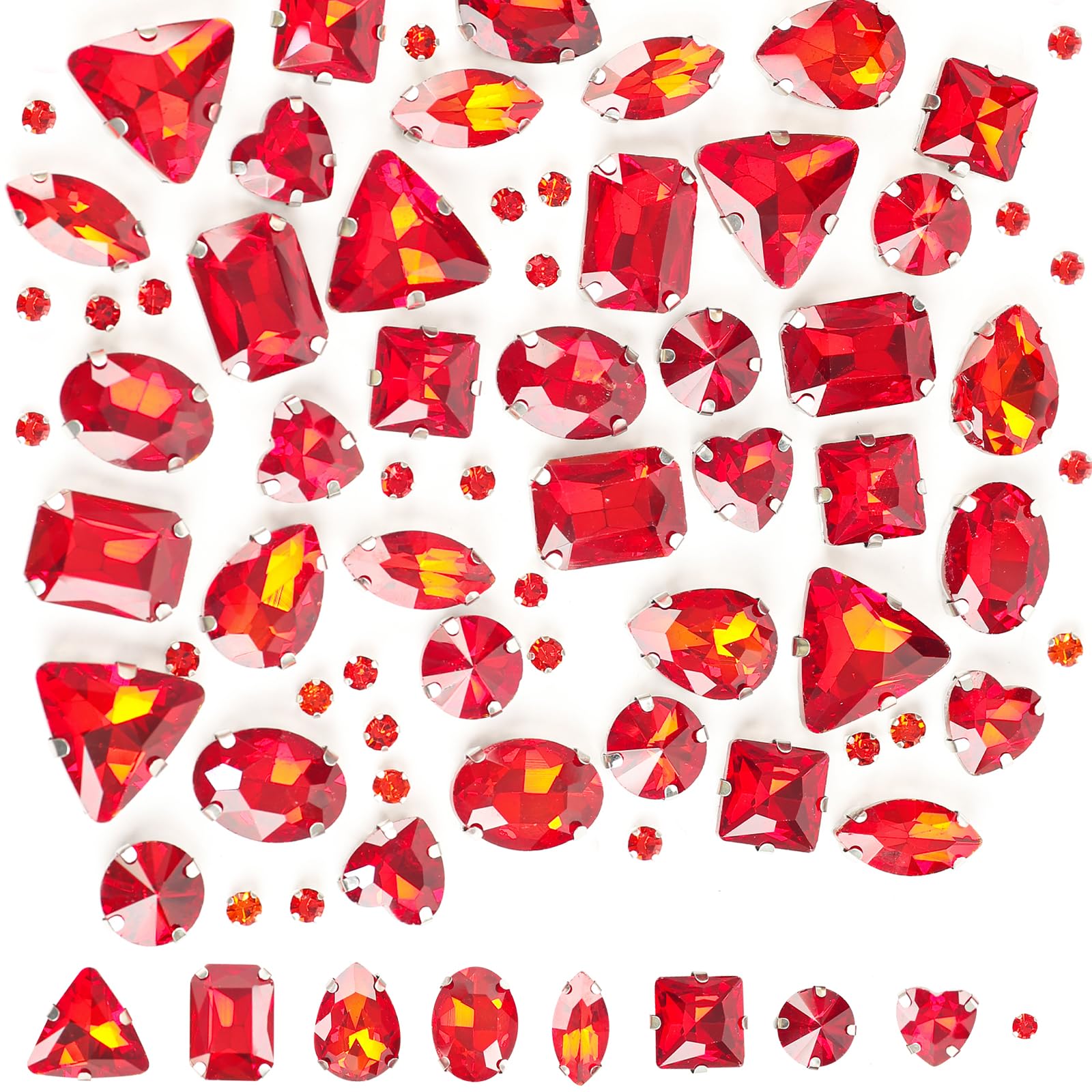 180pcs Red Sew on Rhinestones Kit - Mixed Shapes Glass Rhinestone Gems with Prongs for DIY Crafts, Clothing, Costumes, Shoes & Dresses | Perfect for Embellishing Wedding Gowns, Prom Dresses & Cosplay Costumes