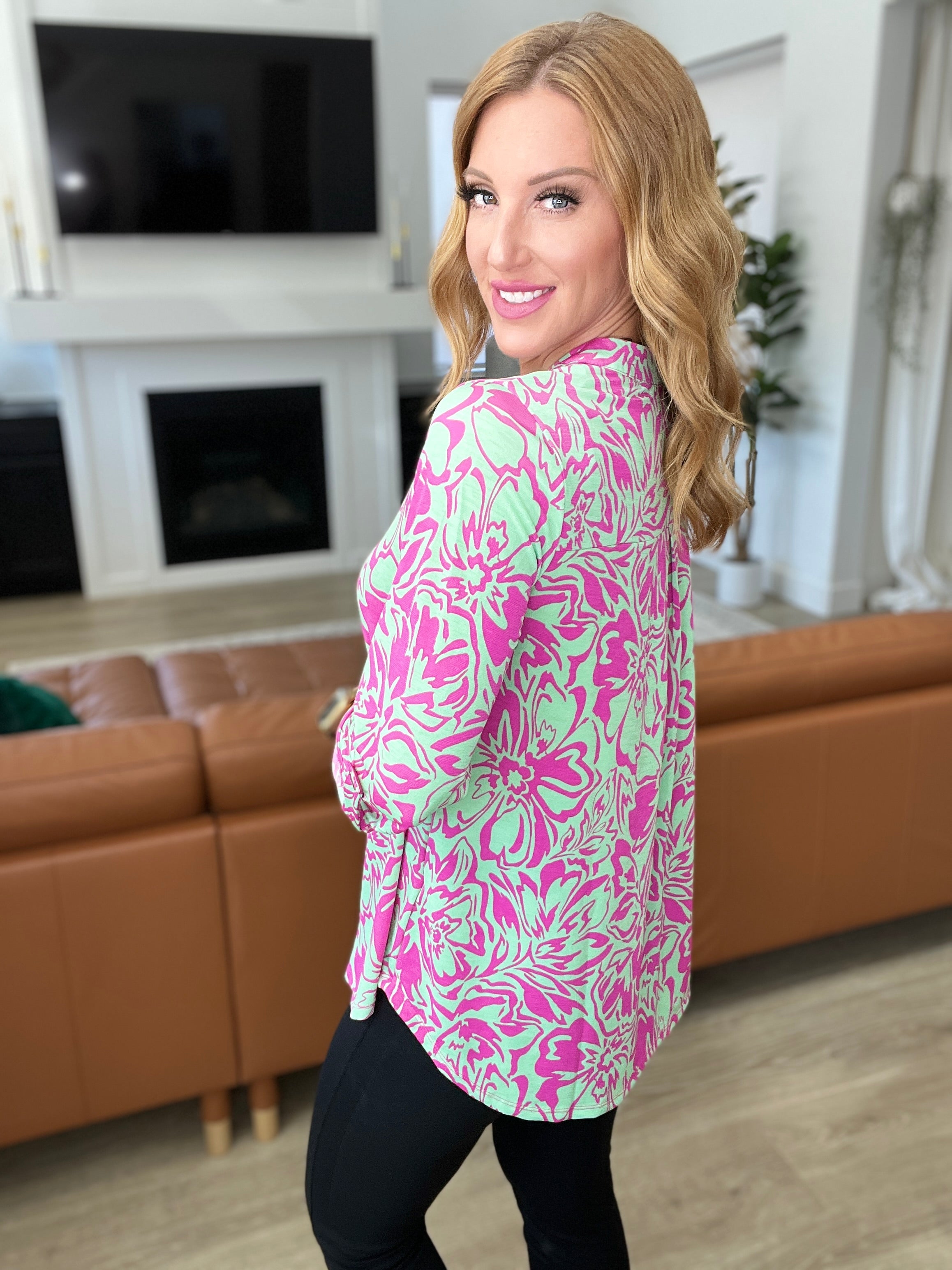 Lizzy Women's Floral Print Blouse - Emerald Pink V-Neck Tunic Top for Casual Wear & Office Outfits