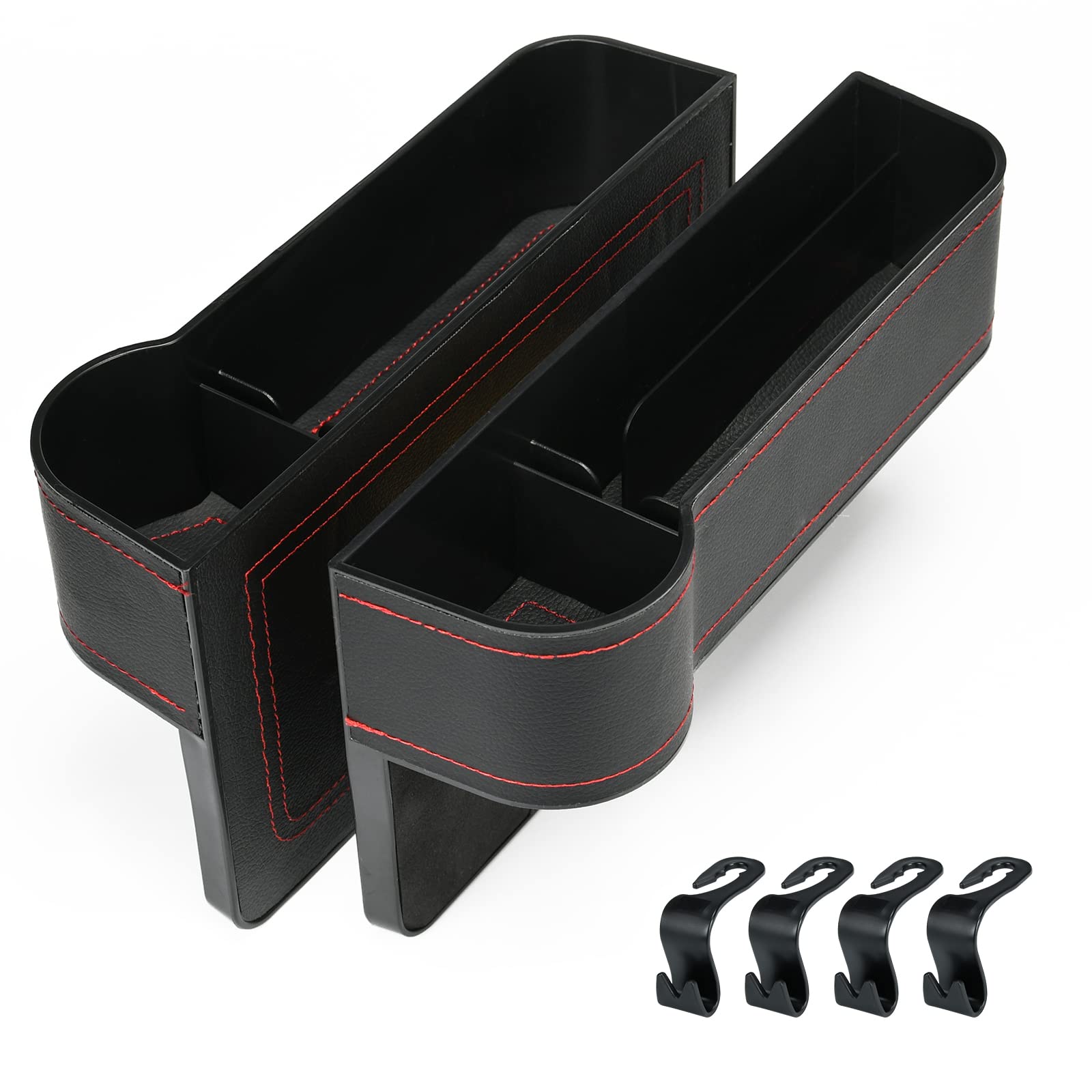 2 Pack Car Seat Gap Filler Organizer - PU Leather Front Seat Storage with Cup Holder & 4 Headrest Hooks for Phone, Keys, Cards | Multifunctional Console Side Organizer | Perfect for Road Trips, Commuting & Keeping Your Car Neat (Black)