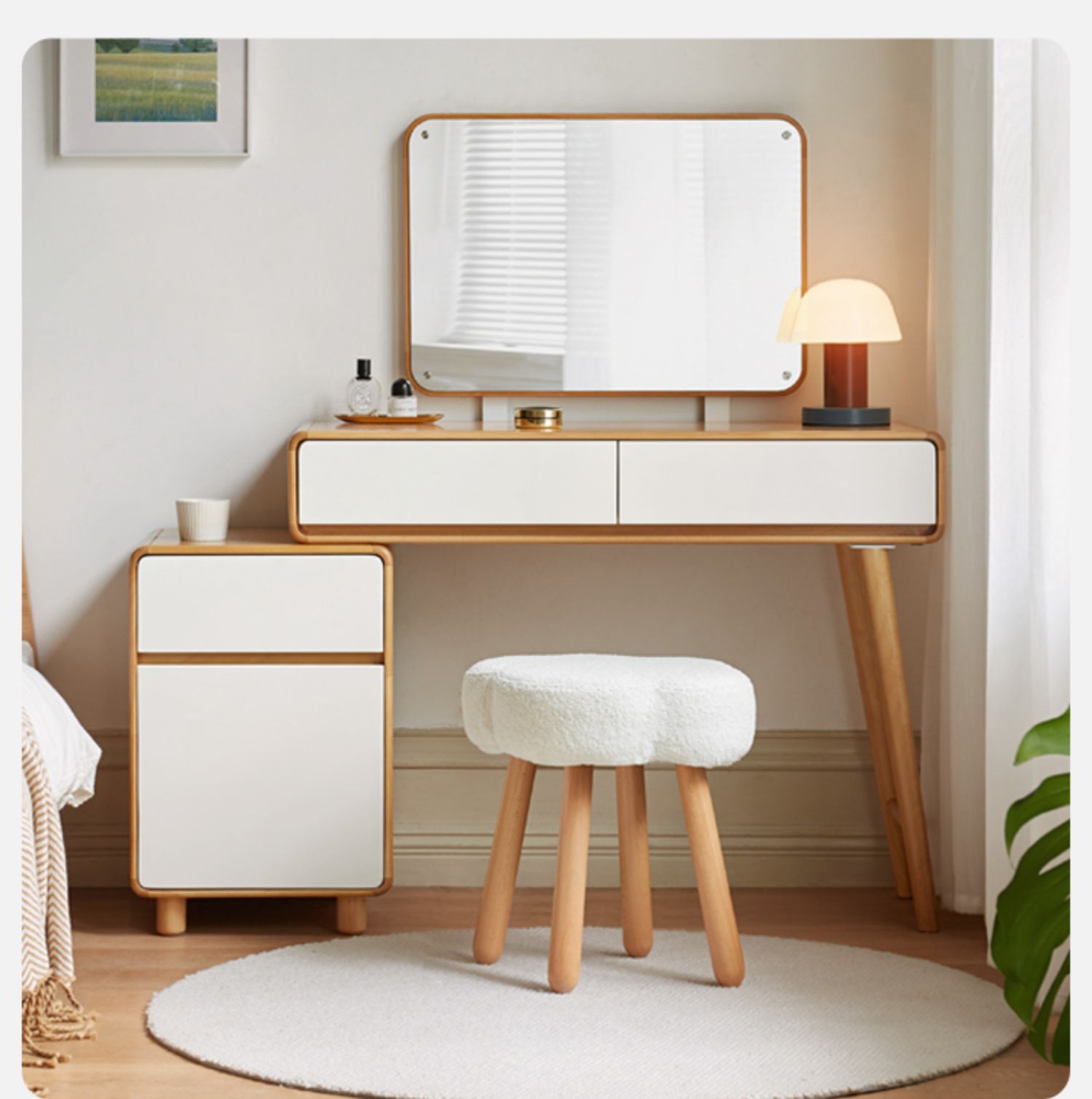 Solid Wood Makeup Stool - Beech & Birch with Lamb Velvet Upholstery | Cloud-Shaped Seat for Vanity, Dressing Room & Bedroom Decor
