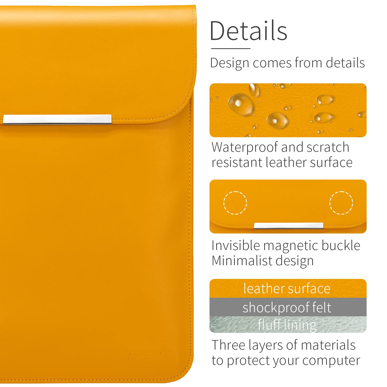 13 Inch Laptop Sleeve Case - Waterproof PU Leather Protective Cover for MacBook Pro/Air, Surface Laptop, Dell XPS 13, MateBook X Pro, HP (13-14 Inch) - Perfect for Office, Travel & School (Yellow)