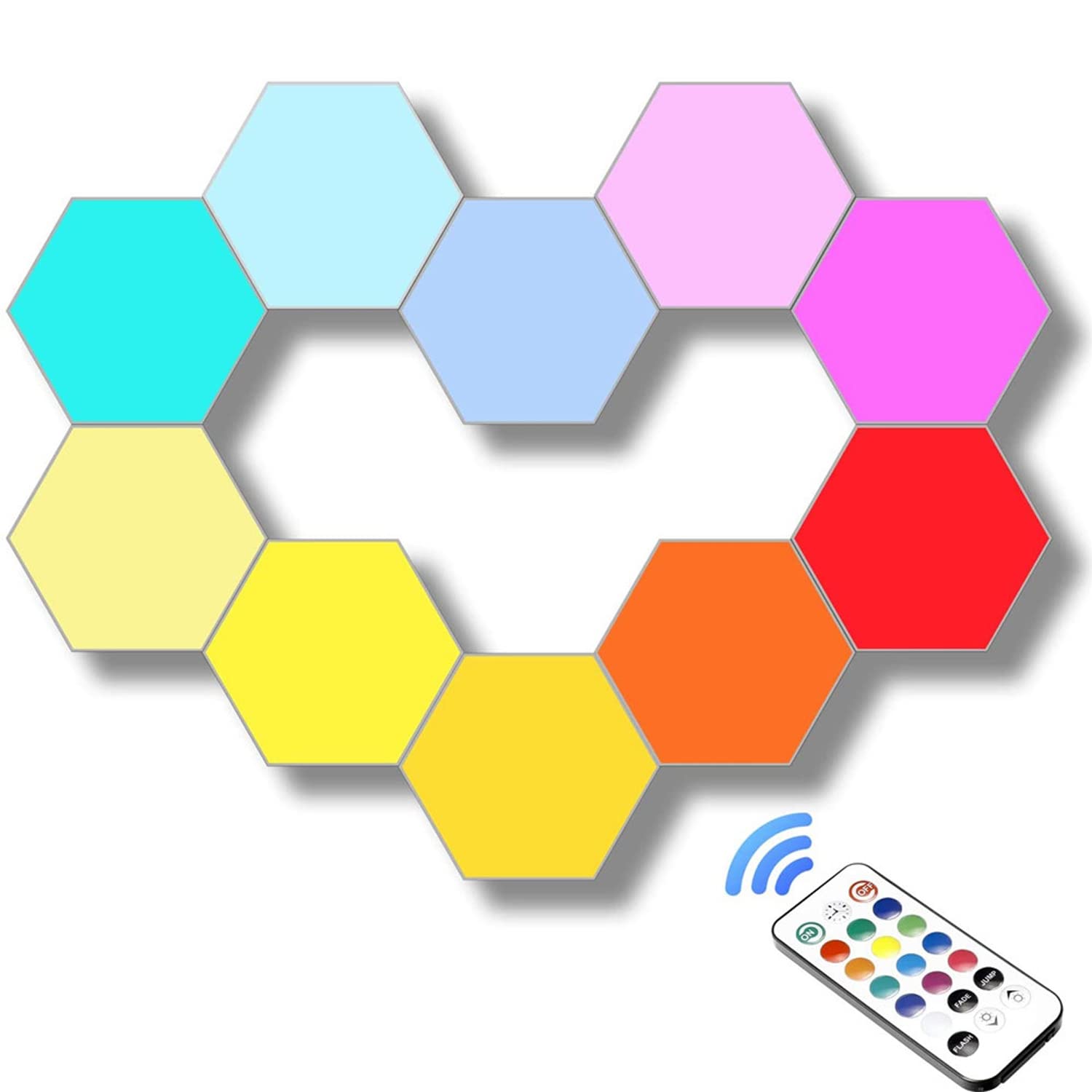 Smart Hexagon LED Wall Panel Lights with Remote Control - 10 Pack RGB Touch Control Gaming Lights for Home, Bar, Party & Game Room Decor - DIY Geometric Mosaic Lighting Modules for Bedroom, Office & Entertainment Spaces