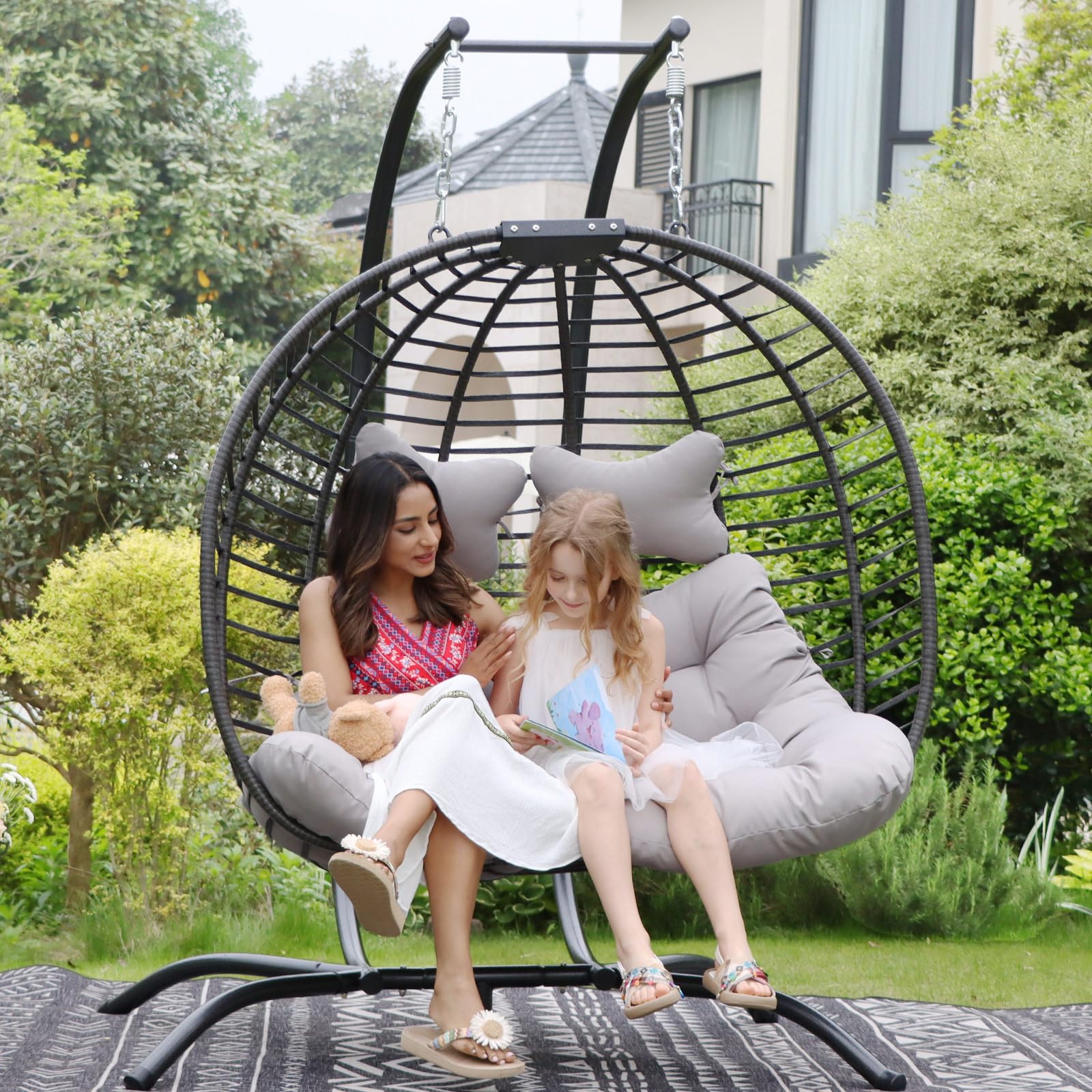 NICESOUL 2-Person Double Egg Chair - Indoor/Outdoor Patio Wicker Hanging Loveseat with Stand, Comfortable Cozy Swing Egg Chair with Double Padded Seats (680lbs Capacity) - Perfect for Backyard, Balcony, Bedroom & Garden Relaxation (Grey)