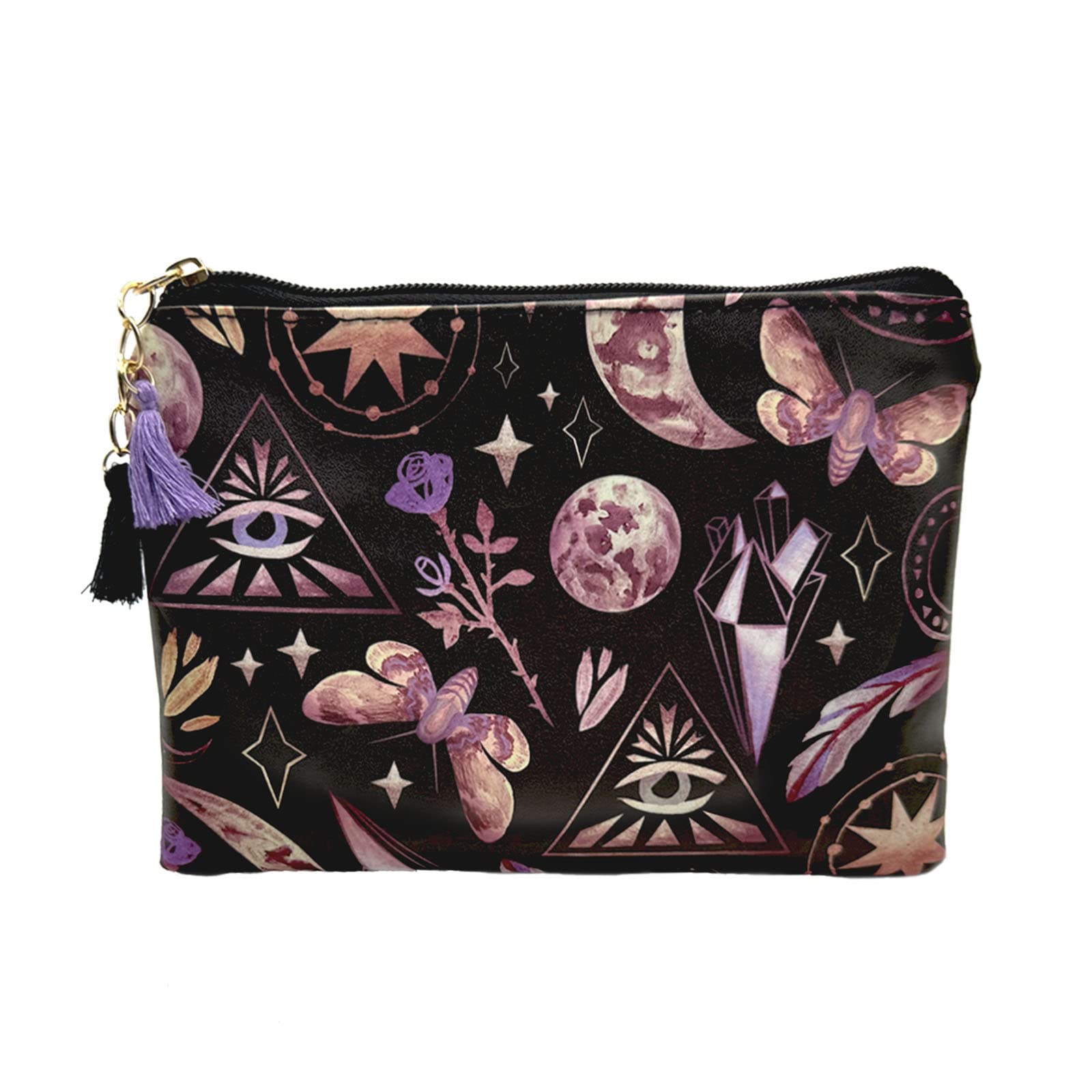 Wiccan Moon Phases Stars Small Cosmetic Bag for Women | PU Leather Mini Makeup Pouch with Zipper & Tassel | Travel Toiletry Organizer | Perfect for Wiccan Altars, Festival Accessories & Daily Beauty Essentials (Color-1)