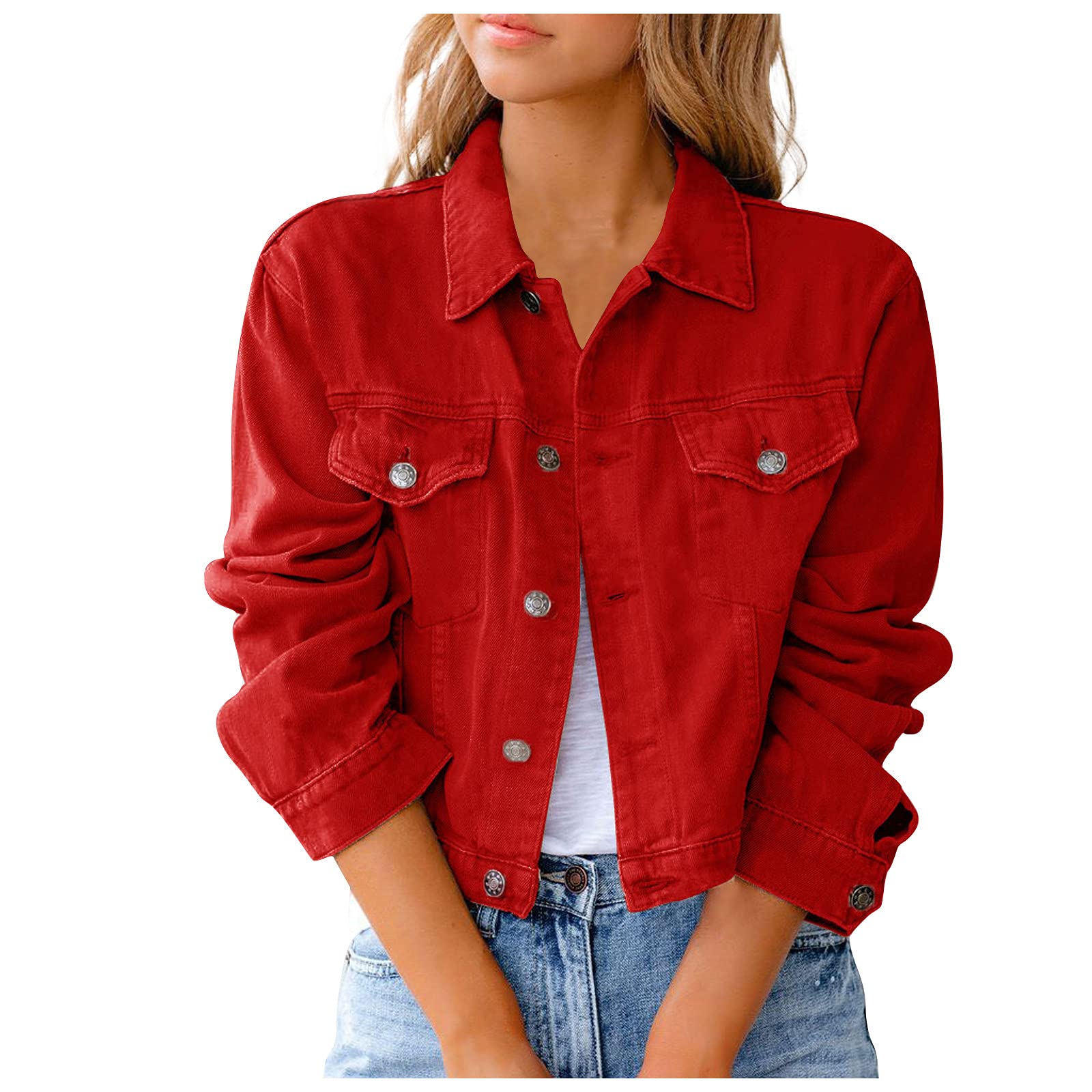XSSFCC Women's Fashion Solid Color Denim Jacket - Button Front Casual Denim Coat for Everyday Wear, Street Style & Spring Outfits