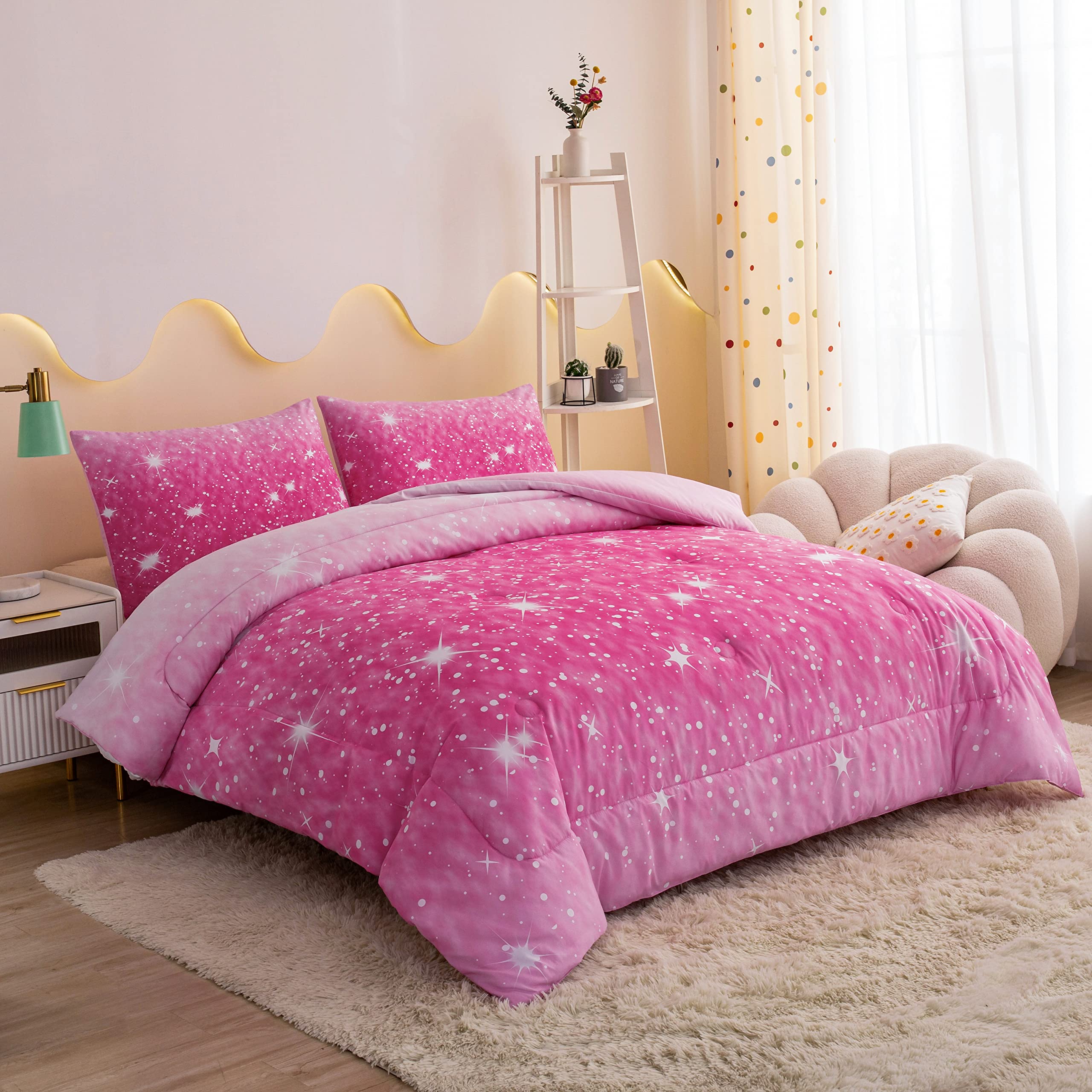 Sparkly Galaxy Full Size Comforter Set for Girls - Pink Glitter Bedding with 2 Pillowcases (3 Piece Set) | Soft & Cozy Teen Room Decor for Sleepovers & Birthday Gifts