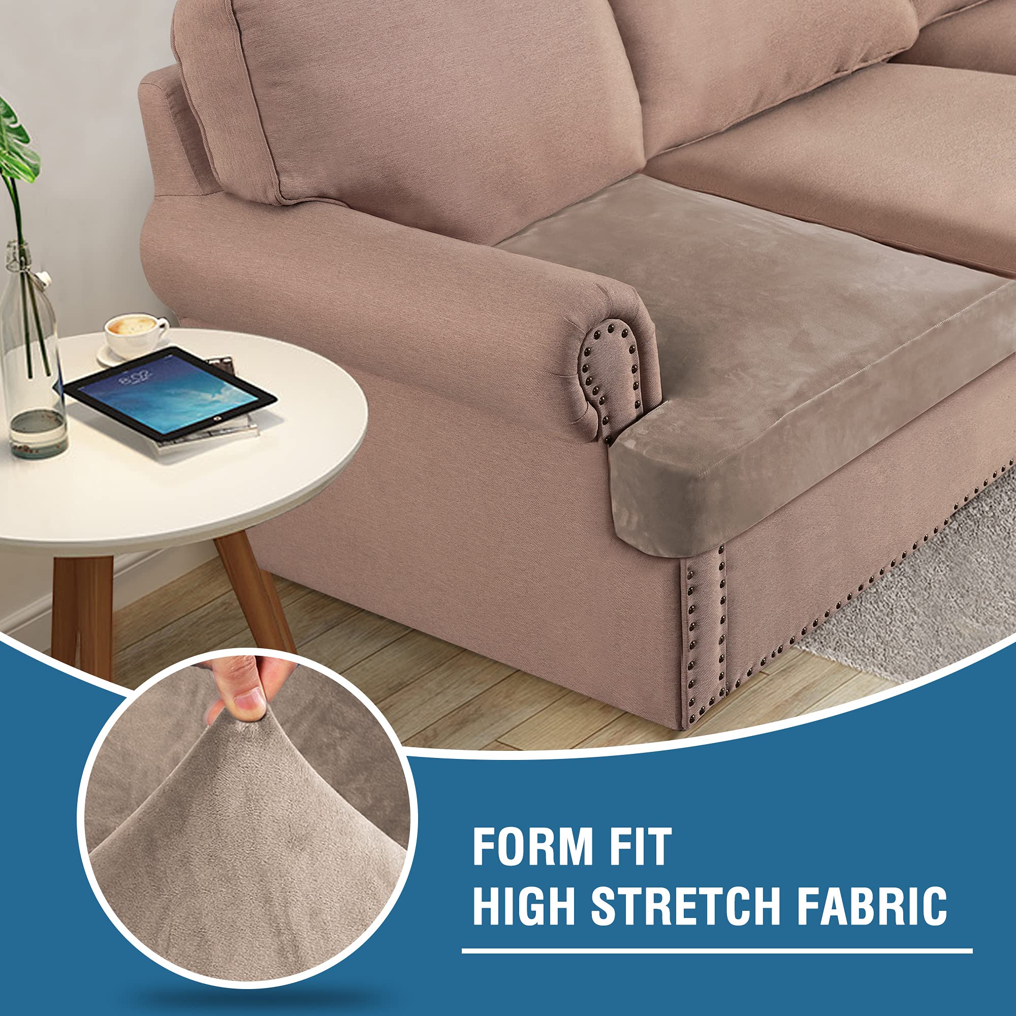 H.VERSAILTEX 3-Piece Stretch Velvet Sofa Slipcover Set - Soft T-Cushion Covers for 3-Seater Couches, Non-Slip Taupe Velvet Couch Protector (Fits Most Sofas) - Perfect for Living Room, Home Decor & Pet-Friendly Furniture Protection