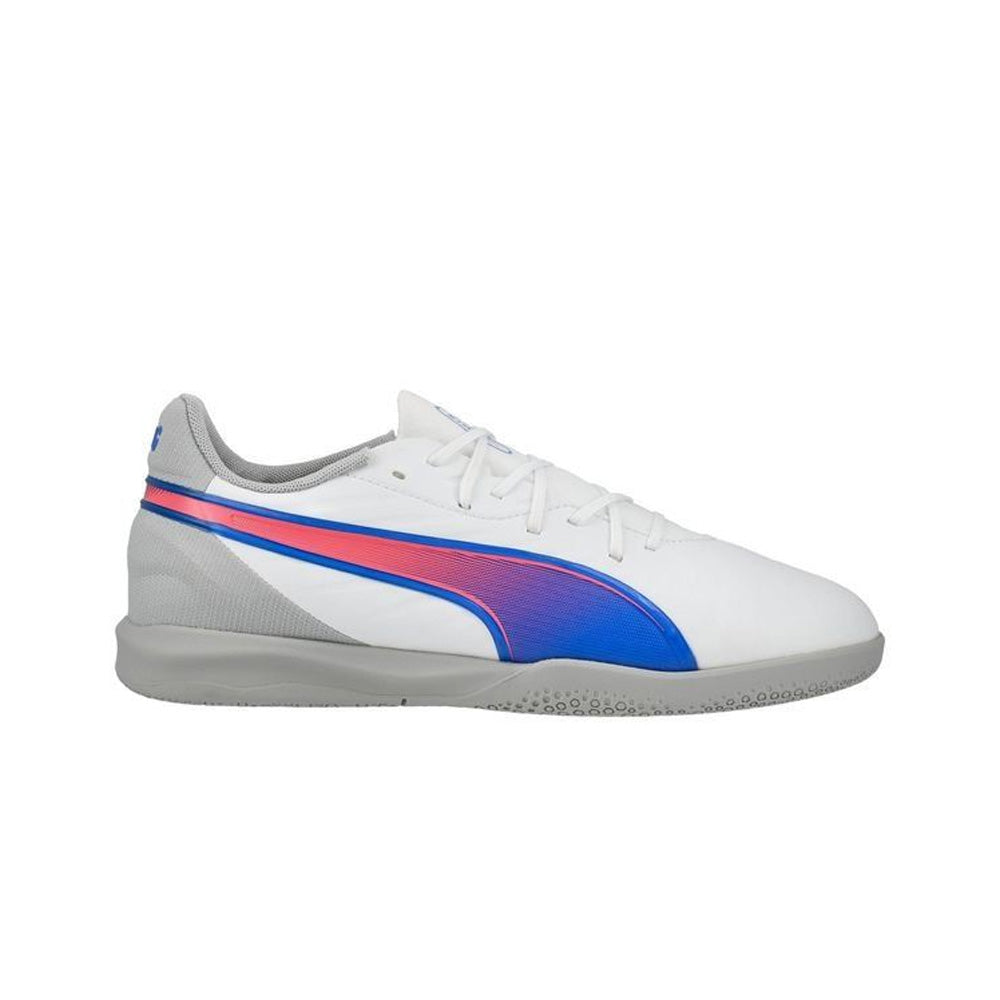 Puma King Match IT Junior Indoor Soccer Shoes for Kids - White/Bluemazing/Light Grey | Perfect for Indoor Football Training & Games
