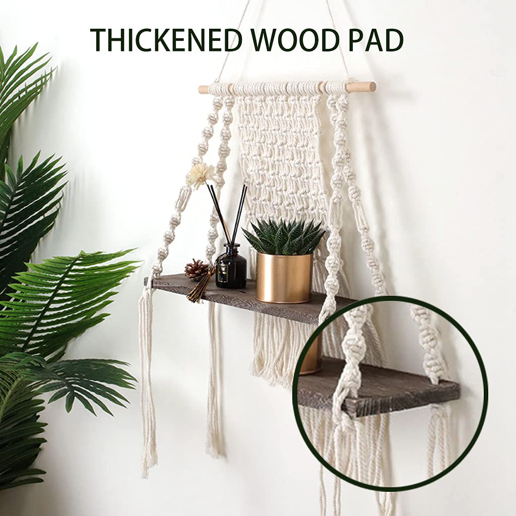 Handmade Macrame Wall Hanging Shelf - Bohemian Cotton Rope Plant Hanger with Dark Wood, Boho Home Decor for Bedroom & Living Room - Perfect for Indoor Plants, Books, and Decorative Storage