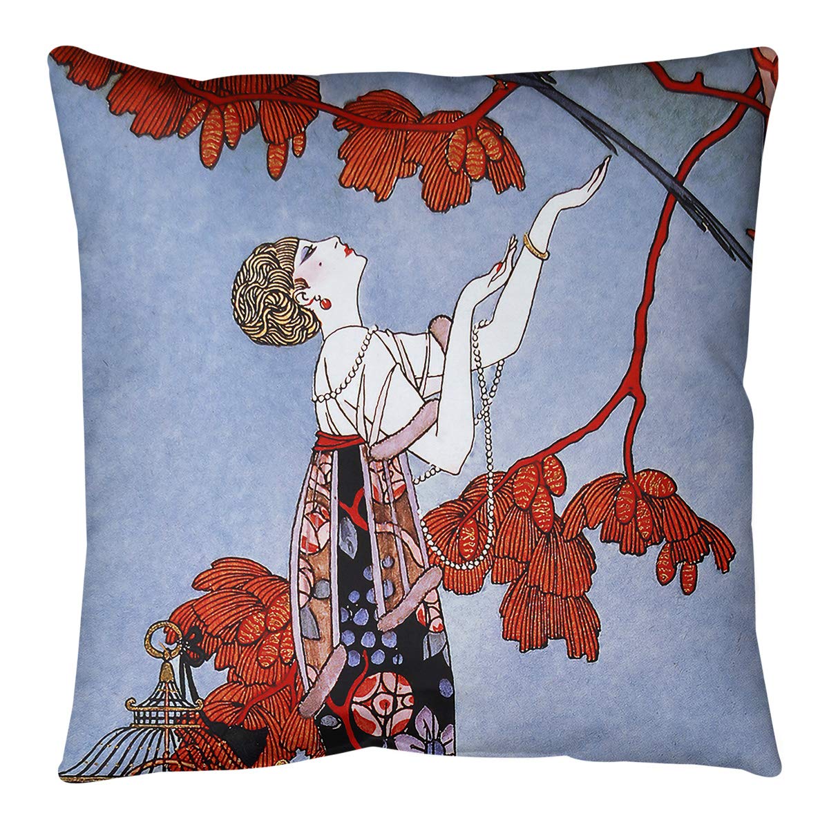 George Barbier Woman in Red with Blue Pillow - 16x16 Inch Decorative Throw Pillow Cover, Spun Polyester Fabric, Red & Blue Art Print - Perfect for Sofa, Bedroom, or Living Room Decor
