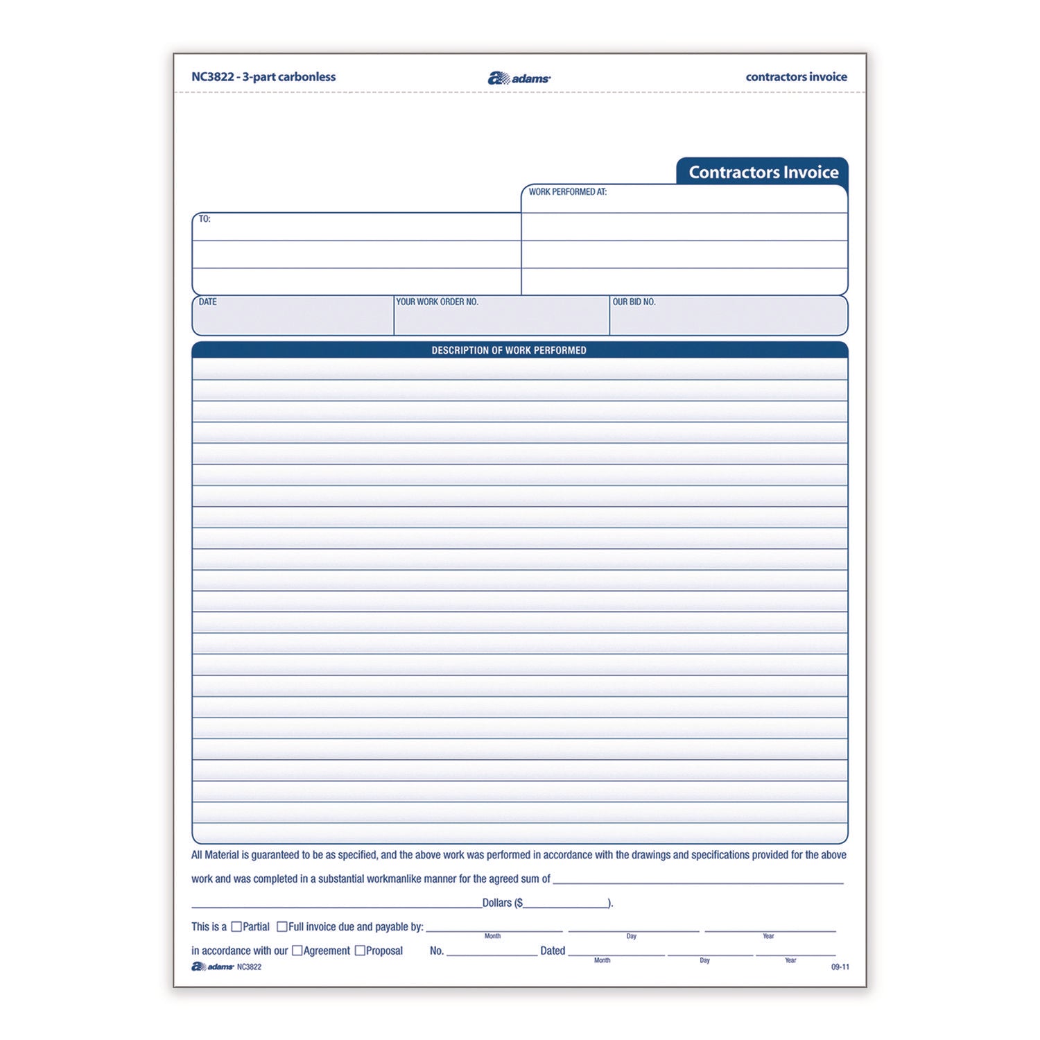 Adams® Multipart Contractor Invoice Forms - 3-Part Carbonless, 8.5