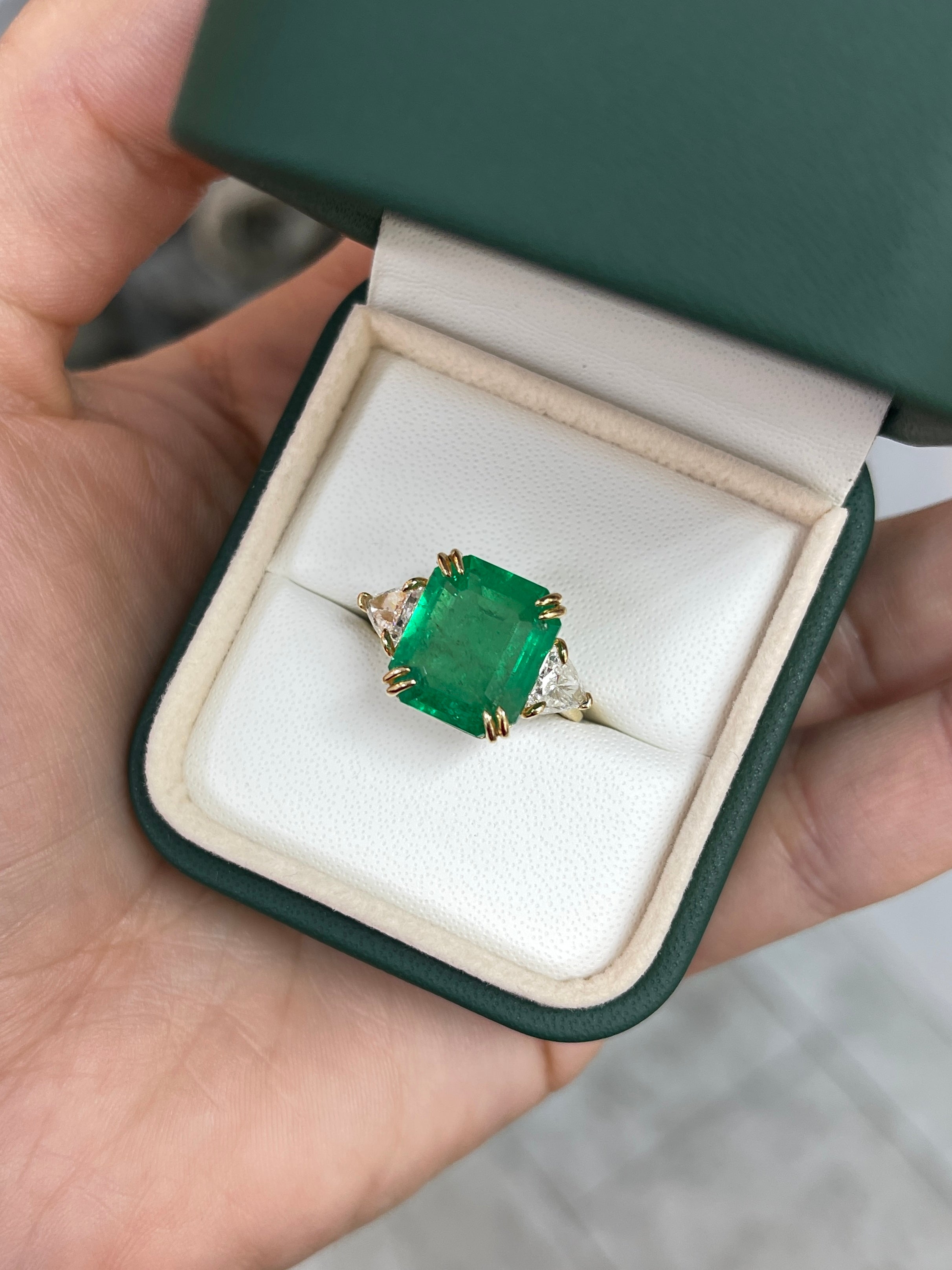 7.15tcw Muzo Colombian Emerald & Natural Trillion Diamond Three Stone 18K White Gold Ring - Elegant Jewelry for Engagement, Anniversary & Special Occasions