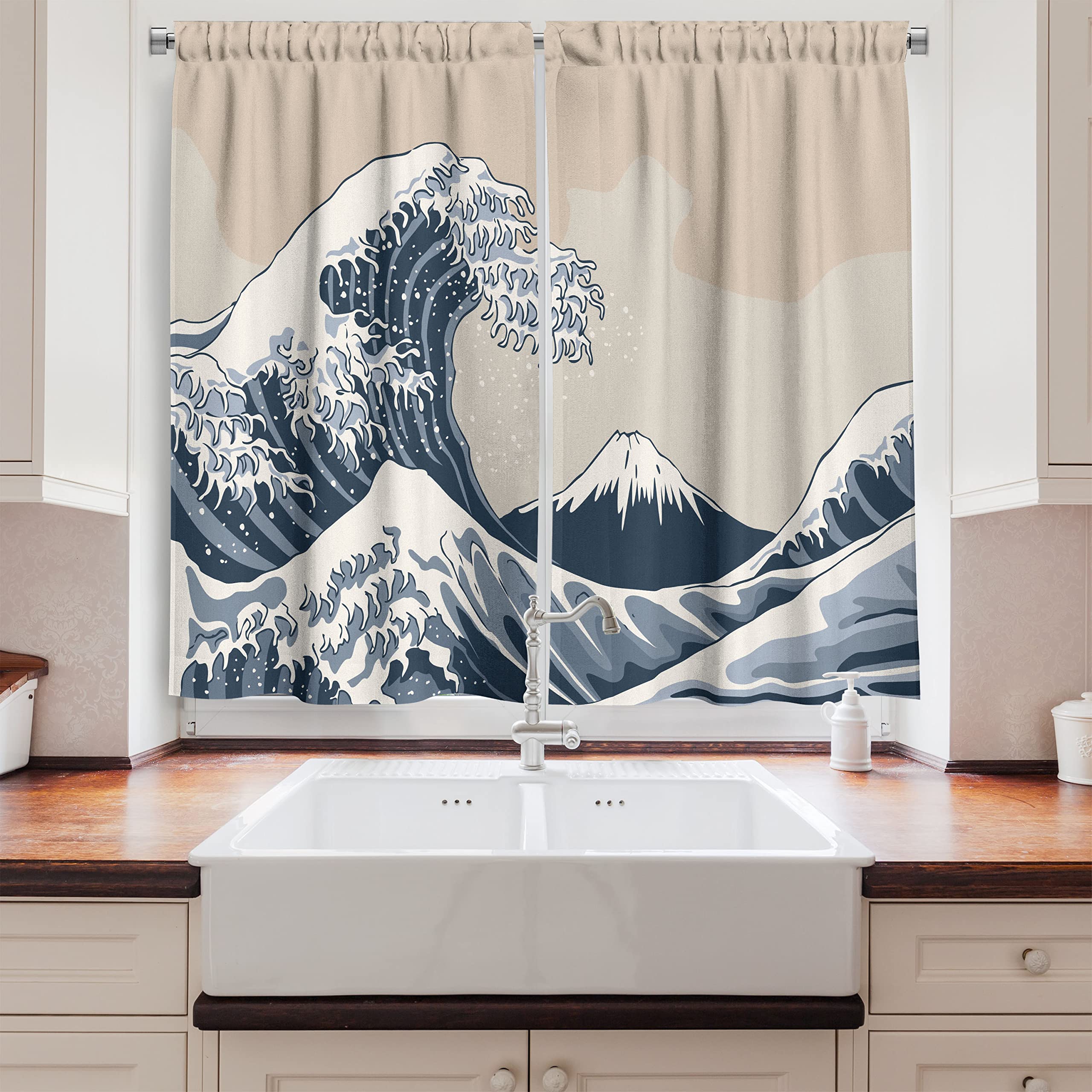 Lunarable Japanese Wave Kitchen Curtains - Hand Drawn Oriental Style Window Drapes, 2 Panel Set for Kitchen & Cafe Decor, 55