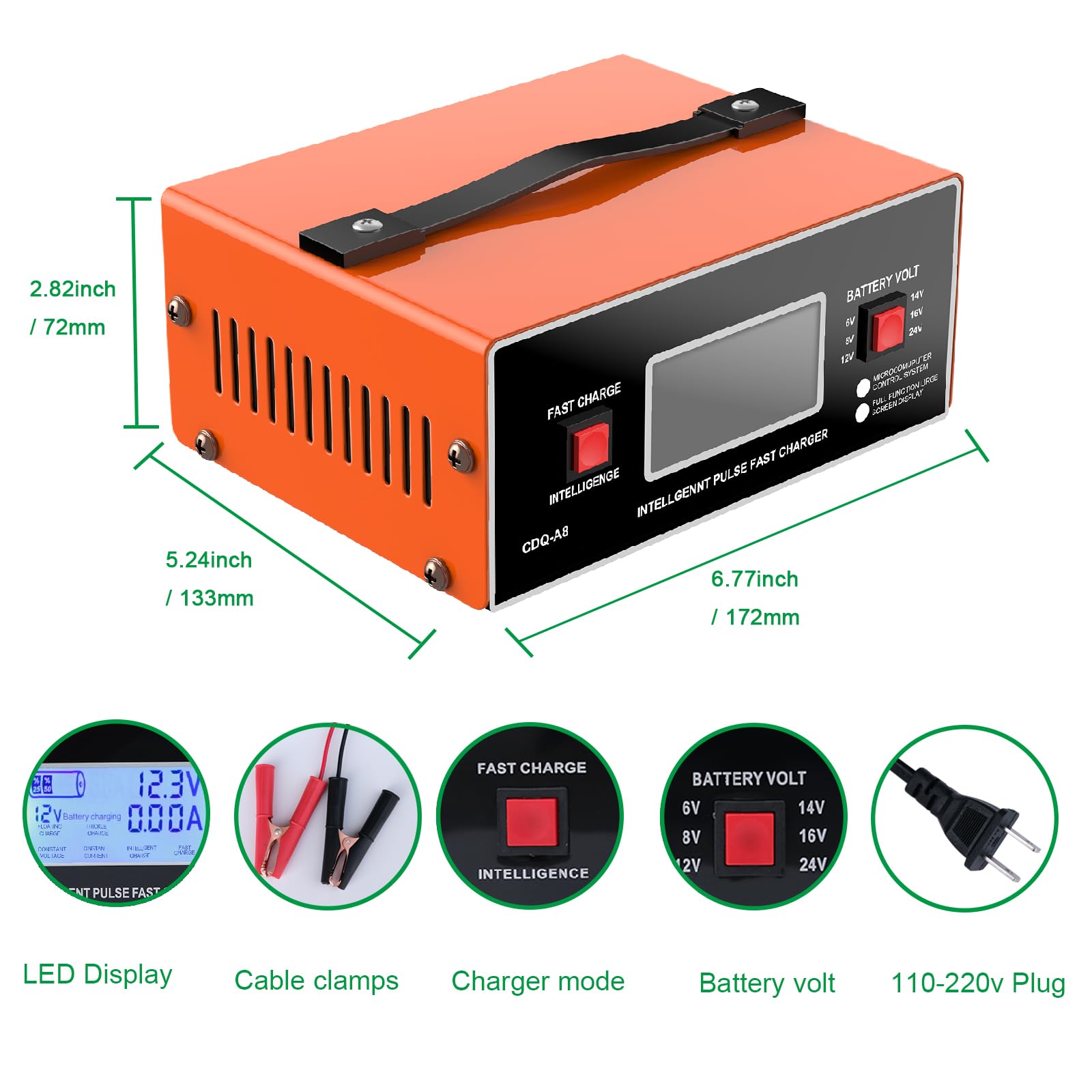 8V 10A Smart Car Battery Charger & Maintainer for 6/8/12/14/16/24V Lead-Acid Batteries - Automatic Charger with Cable Clamps & Handle - Perfect for Automotive, Golf Carts, Marine, RV & Power Sports (Orange)