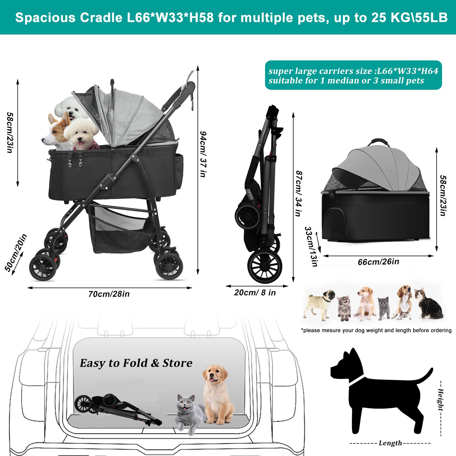 MILA&LOUIS Medium Dog Stroller with 4 Upgraded Wheels - Lightweight Pet Stroller for Small Dogs, Cup Holder & Hook - Detachable Spacious Cradle for Multiple Pets | Perfect for Park Walks, Vet Visits & Shopping Trips