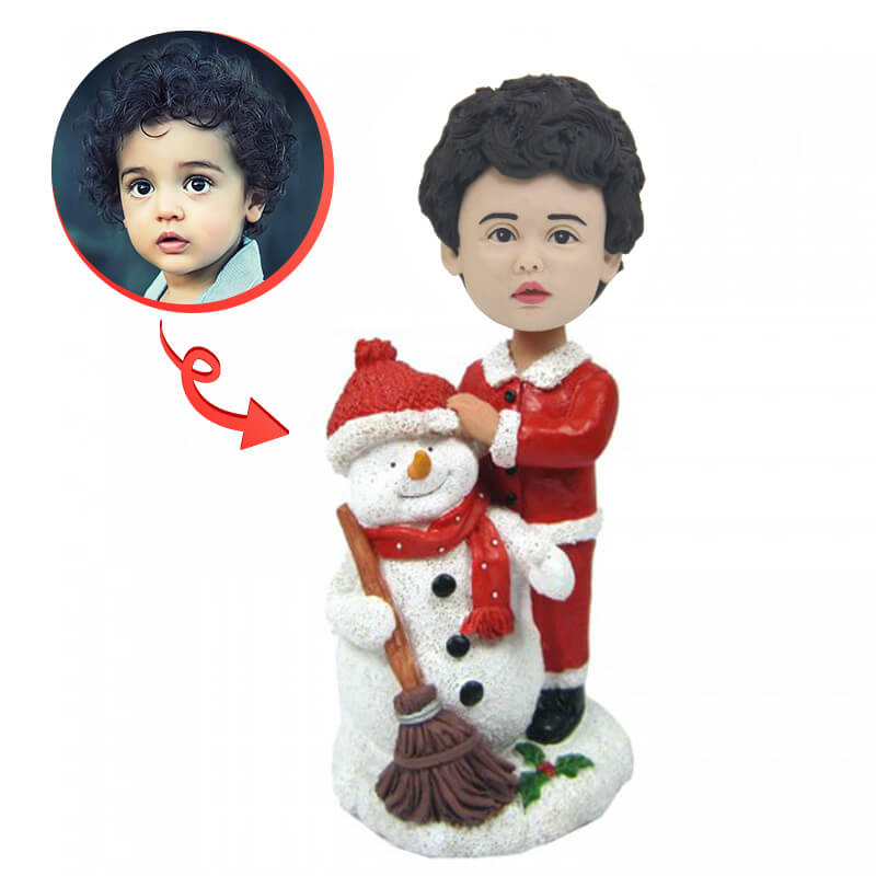 Custom Christmas Child with Snowman Bobblehead - Personalized Holiday Decor for Home, Office & Gift Giving