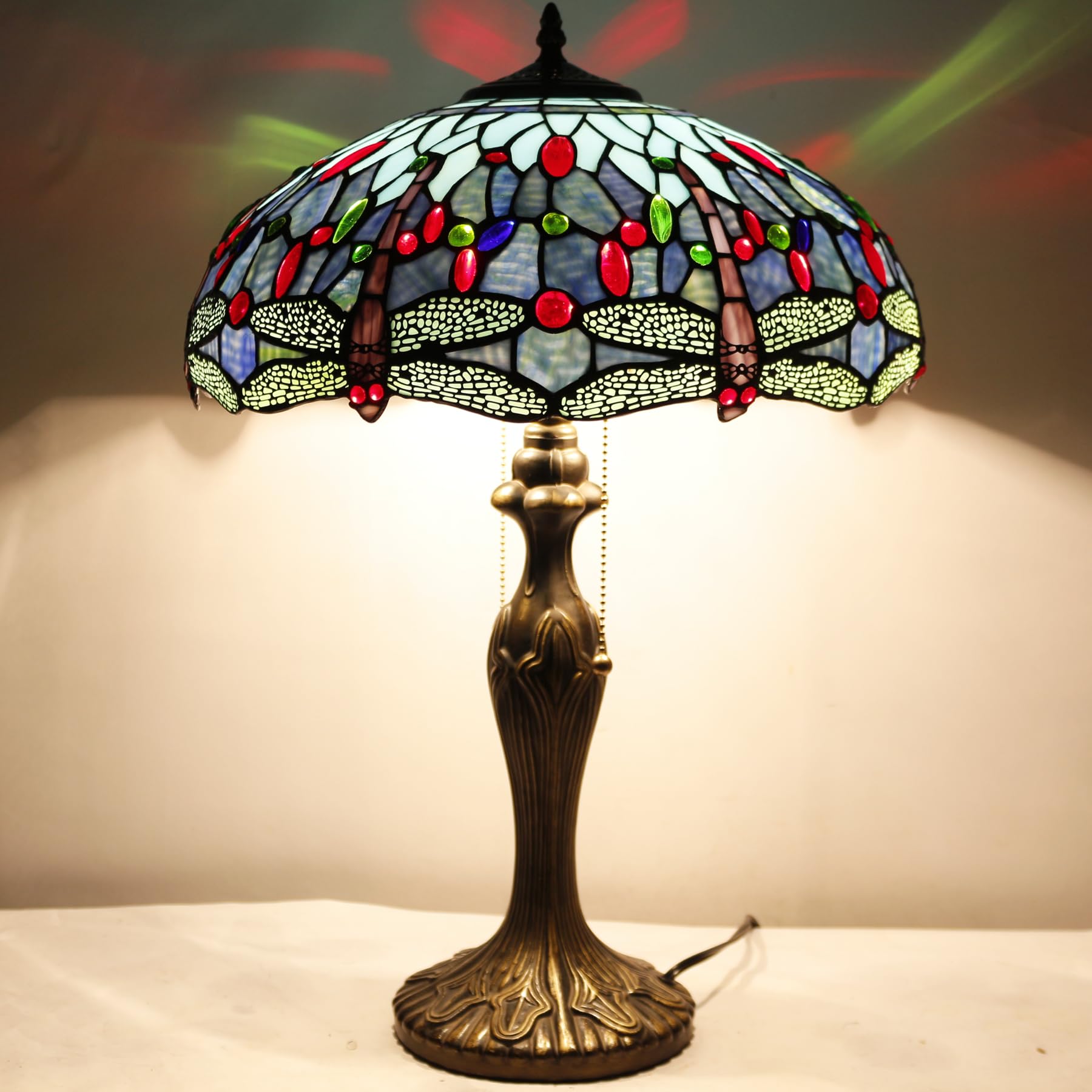 Tiffany Style Table Lamp - Blue Stained Glass Dragonfly Design with Metal Base, 16x16x24 Inches, Bedside Desk Reading Light for Bedroom, Living Room & Home Office Decor | Perfect for Cozy Reading Nooks & Elegant Home Accents (S004 Series)