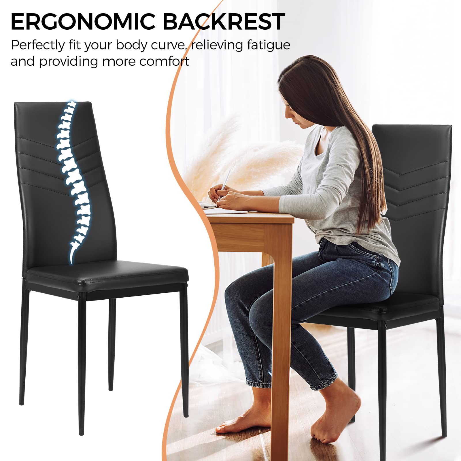ERGOMASTER Modern Dining Chairs Set of 4 - Black PVC Upholstered Leather Padded Side Chairs with Sturdy Metal Legs & Non-Slip Feet for Dining Room, Kitchen, Living Room & Office