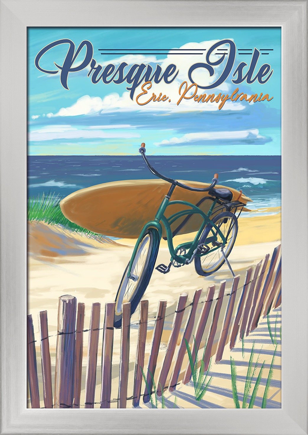 12x18 Presque Isle Pennsylvania Beach Cruiser Giclee Fine Art Print - Recycled Wood Frame in Silver - Perfect for Coastal & Nautical Home Decor, Beach House Wall Art, Living Room or Office Decoration
