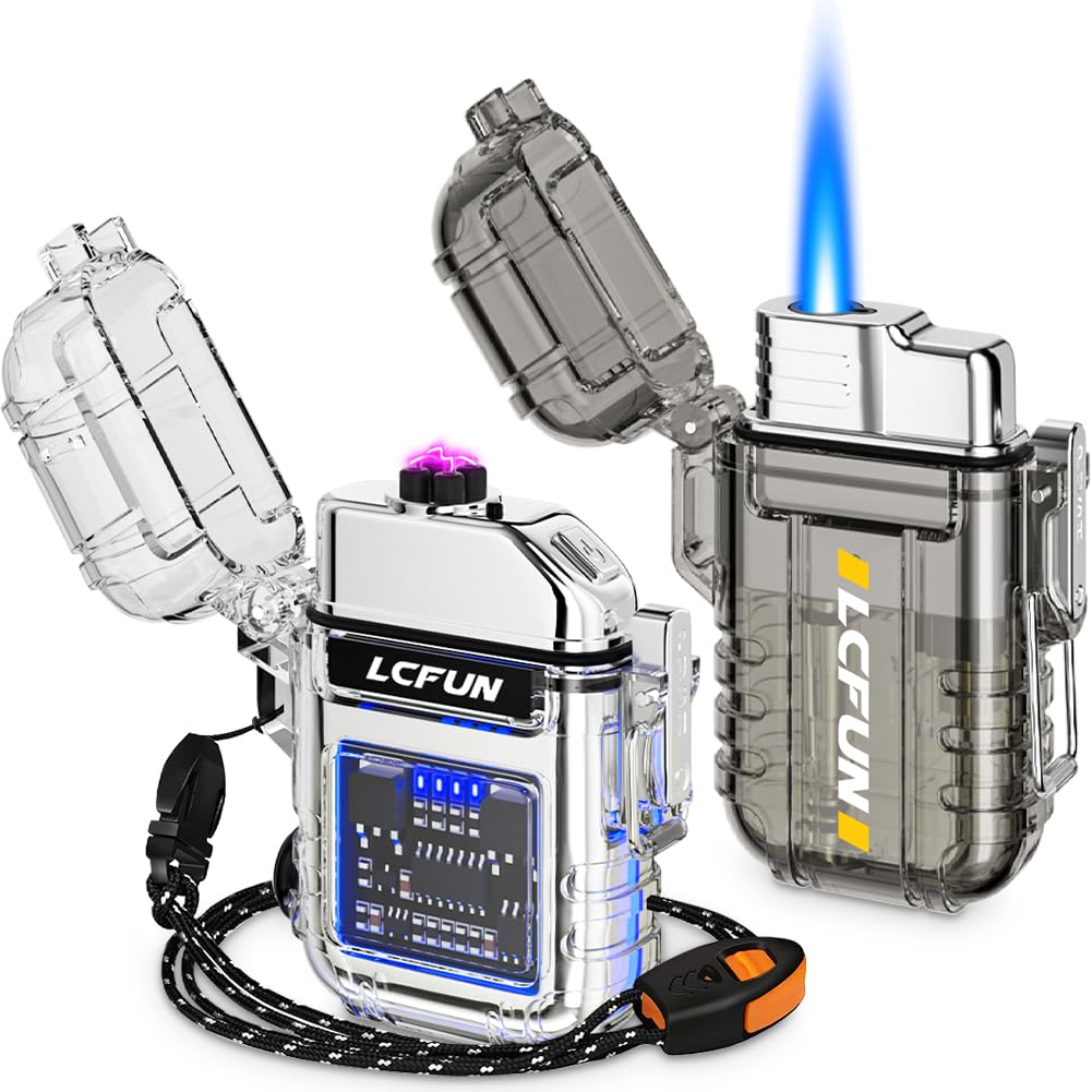 LCFun 2 Pack Windproof Waterproof Refillable Butane Torch Lighter - Dual Arc Plasma Lighter with COB Flashlight & Emergency Whistle - Tactical Survival Gear for Men - Perfect for Camping, Hiking, Emergency Preparedness & Outdoor Adventures