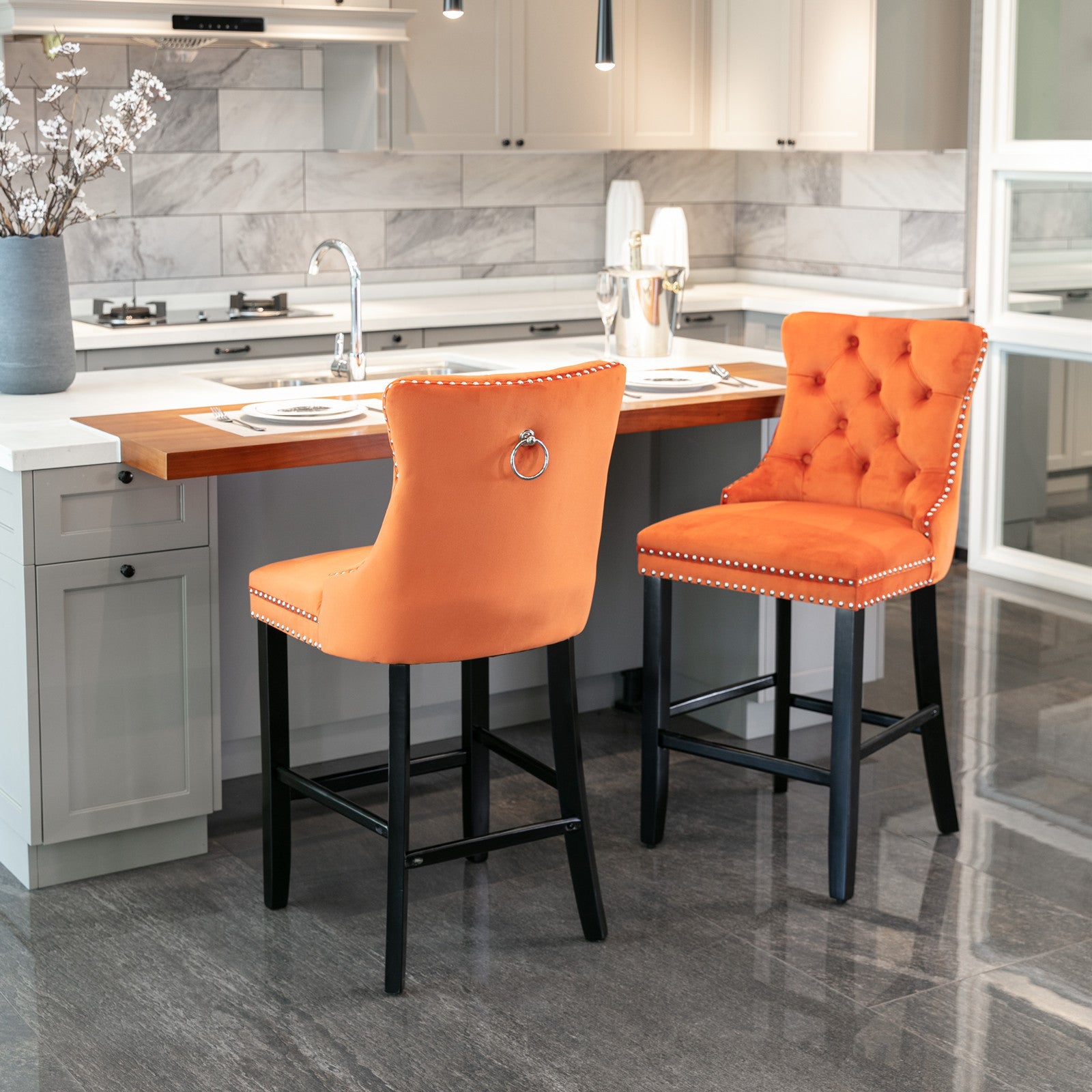 Luxury Velvet Bar Stools Set of 2 - Modern Button Tufted Bar Chairs with Wooden Legs & Chrome Nailhead Trim - Orange Upholstered Counter Stools for Kitchen Island, Home Bar & Dining Room Decor