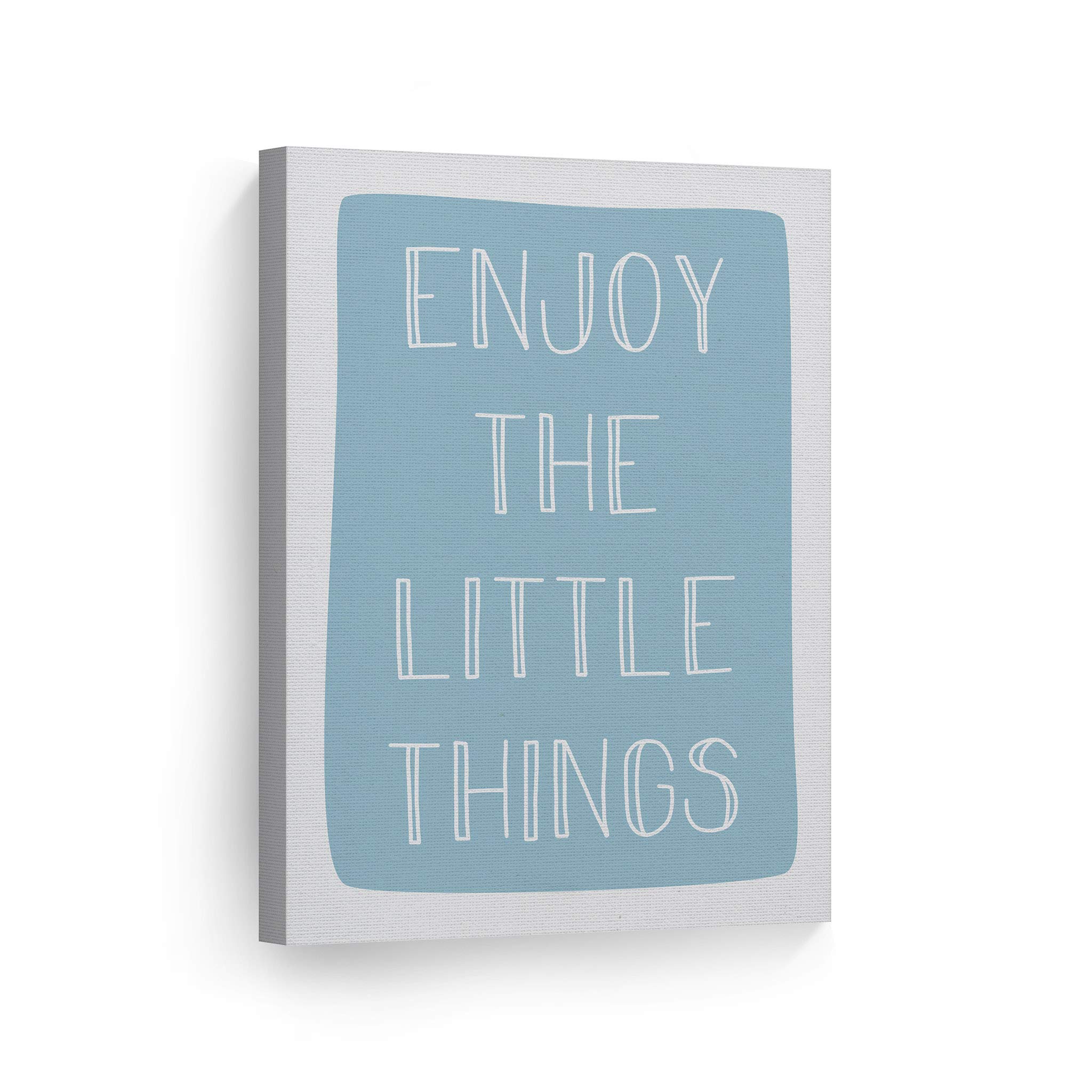 Enjoy The Little Things Lettering Blue Background Canvas Print - Kids Room Decor, Nursery Wall Art, Baby Room Decor - Ready to Hang 17x11 - Made in USA - Perfect for Bedrooms, Playrooms & Gift Giving