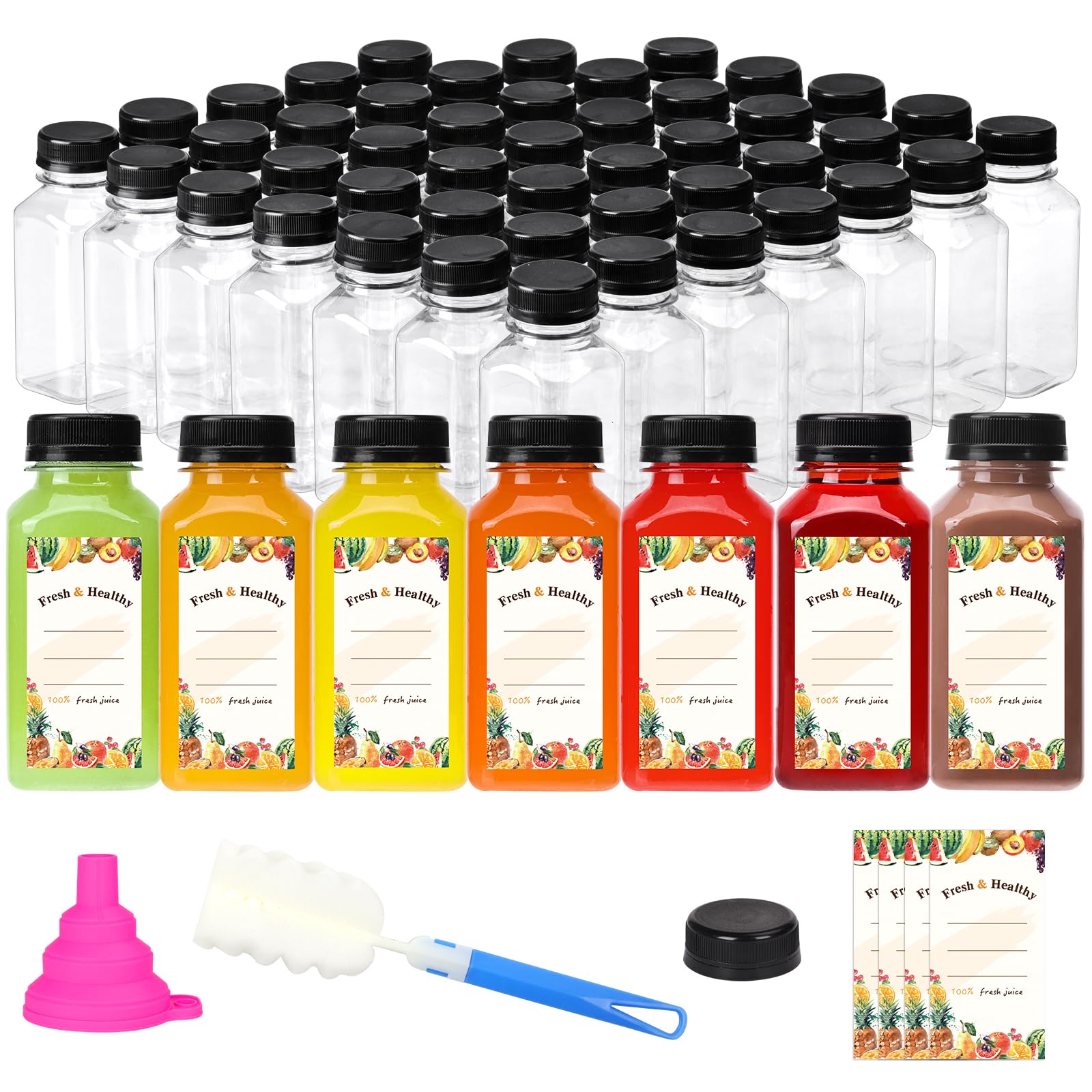 Moretoes 64-Pack 8oz Reusable Juice Bottles with Tamper-Proof Lids - Bulk Plastic Containers for Milk, Smoothies, Juice & Beverages | Perfect for Meal Prep, Catering, Restaurants & Home Use
