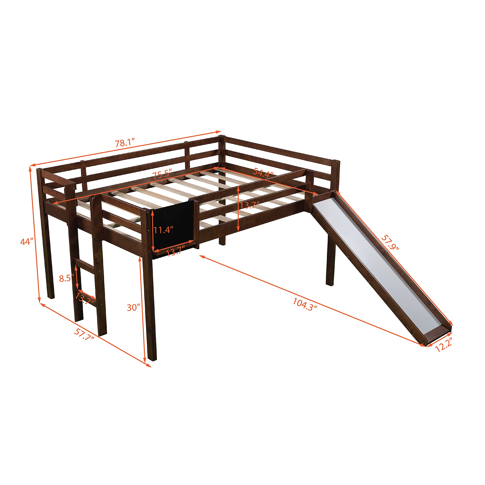 Full Size Solid Wood Loft Bed with Slide, Stairs & Chalkboard - Low Profile Kids Bedroom Furniture for Apartments & Dorm Rooms - Perfect for Boys, Girls & Teens (Walnut Finish) - Space-Saving Sleep & Play Solution for Small Rooms