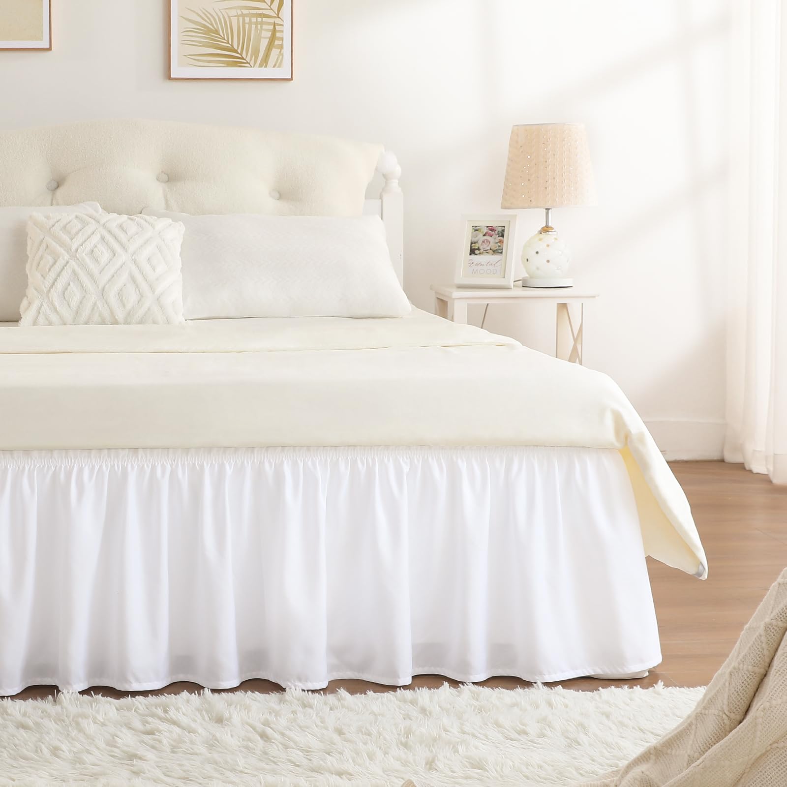 RIMELA Queen Size White Bed Skirt - 21 Inch Drop Wrap Around Elastic Adjustable Dust Ruffle for Bed Frame & Box Spring | Soft Durable Machine Washable Fabric | Easy Installation for Bedroom Decor & Guest Room Setup
