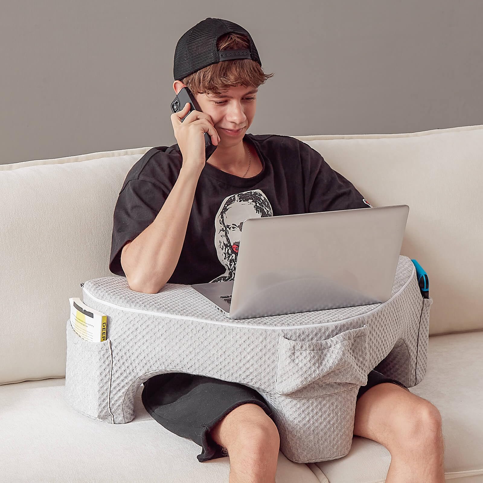 Memory Foam Reading Pillow for Lap & Bed Desk - Adjustable Laptop Lap Desk, Gaming Pillow, Bed Pillow for Sitting Up (Gray) - Ideal for Reading, Working, Gaming in Bed, Sofa, or Floor