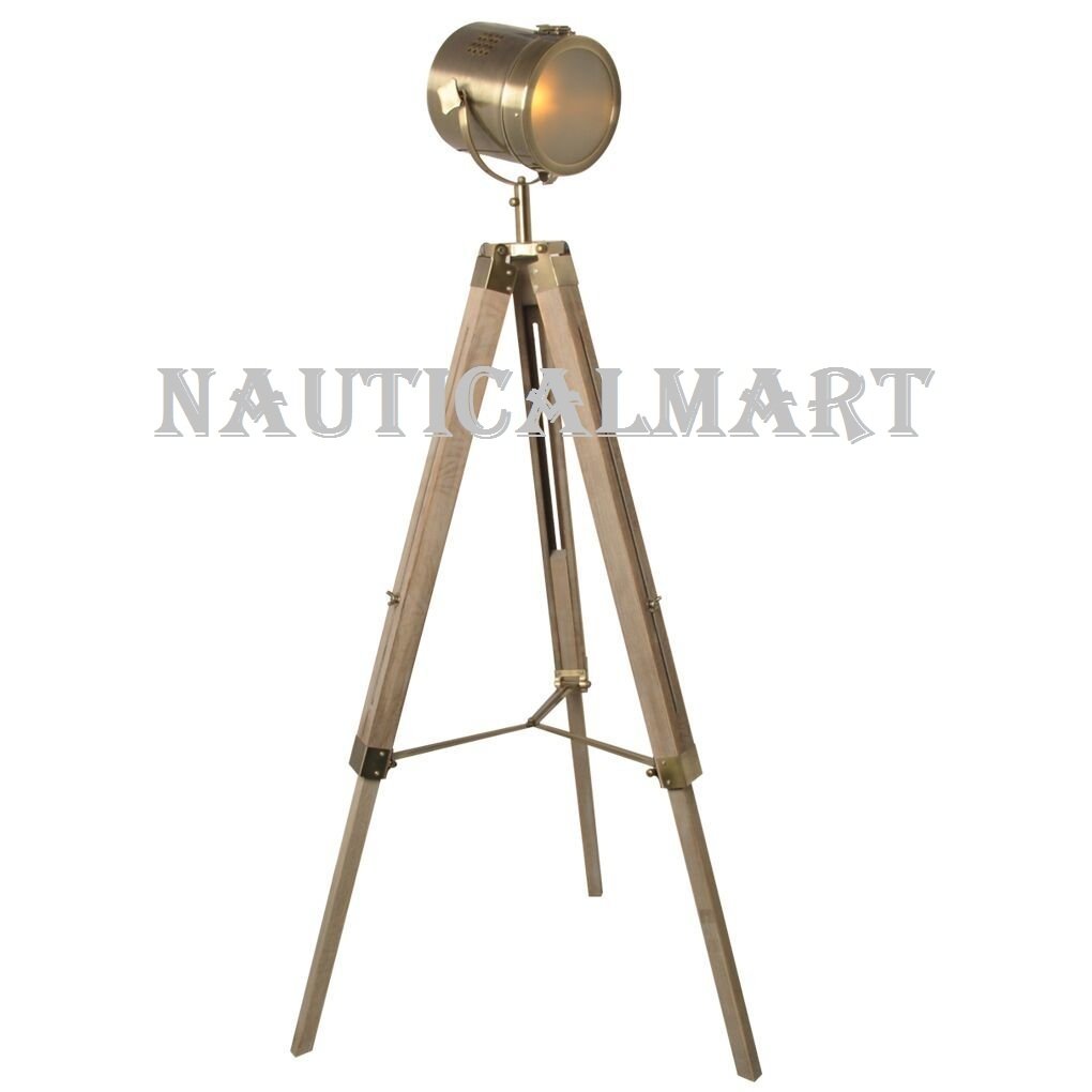 Vintage Bronze Searchlight Wooden Tripod Floor Lamp - Antique Nautical Spotlight Stand for Home Decor, Cinema & Studio Lighting - Perfect for Living Room, Bedroom & Themed Events