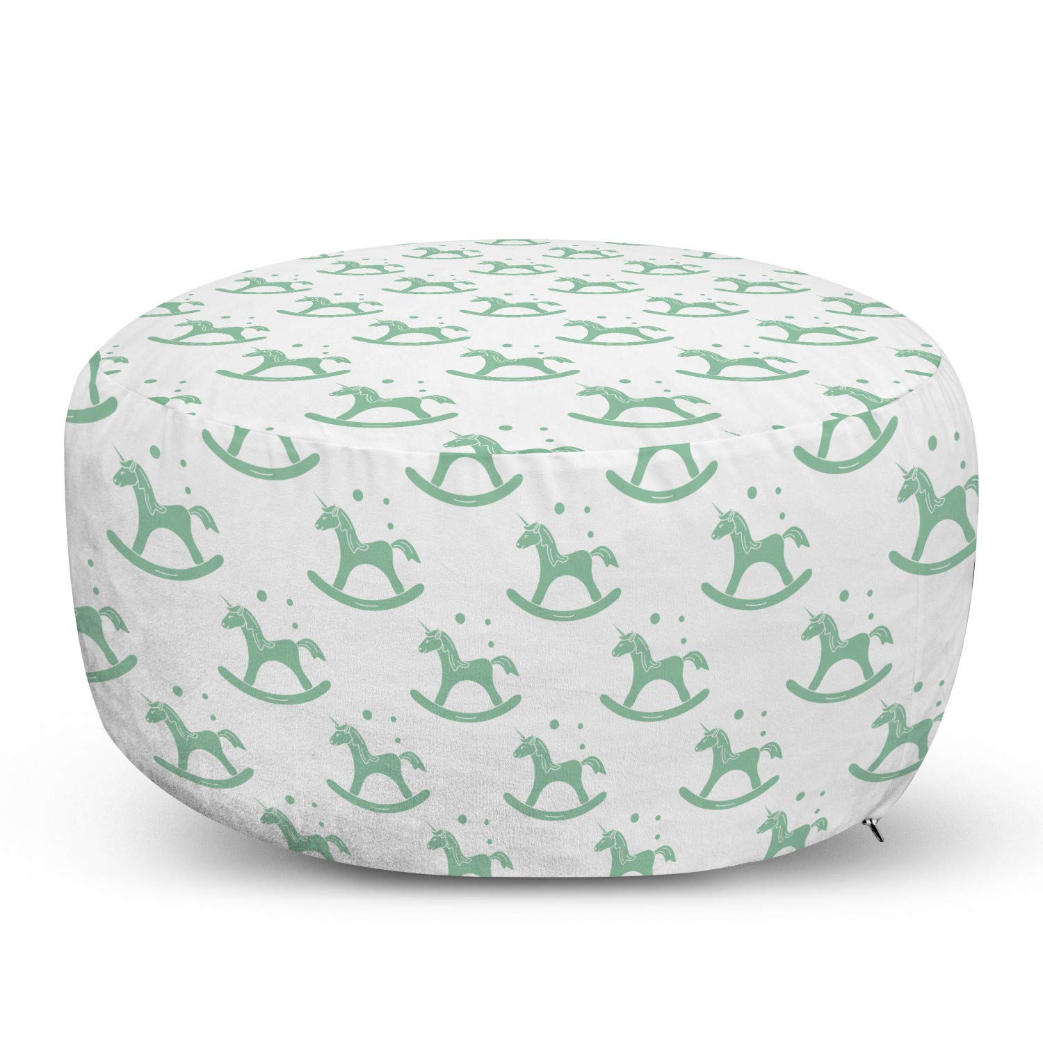 Ambesonne Cartoon Ottoman Pouf - Monochrome Rocking Unicorn Design with Bubbles Shower Pony Print - Soft Decorative Foot Rest Stool with Removable Cover for Living Room, Bedroom, Nursery - Almond Green & White - Perfect for Kids Room Decor, Lounge Seating & Cozy Home Accents