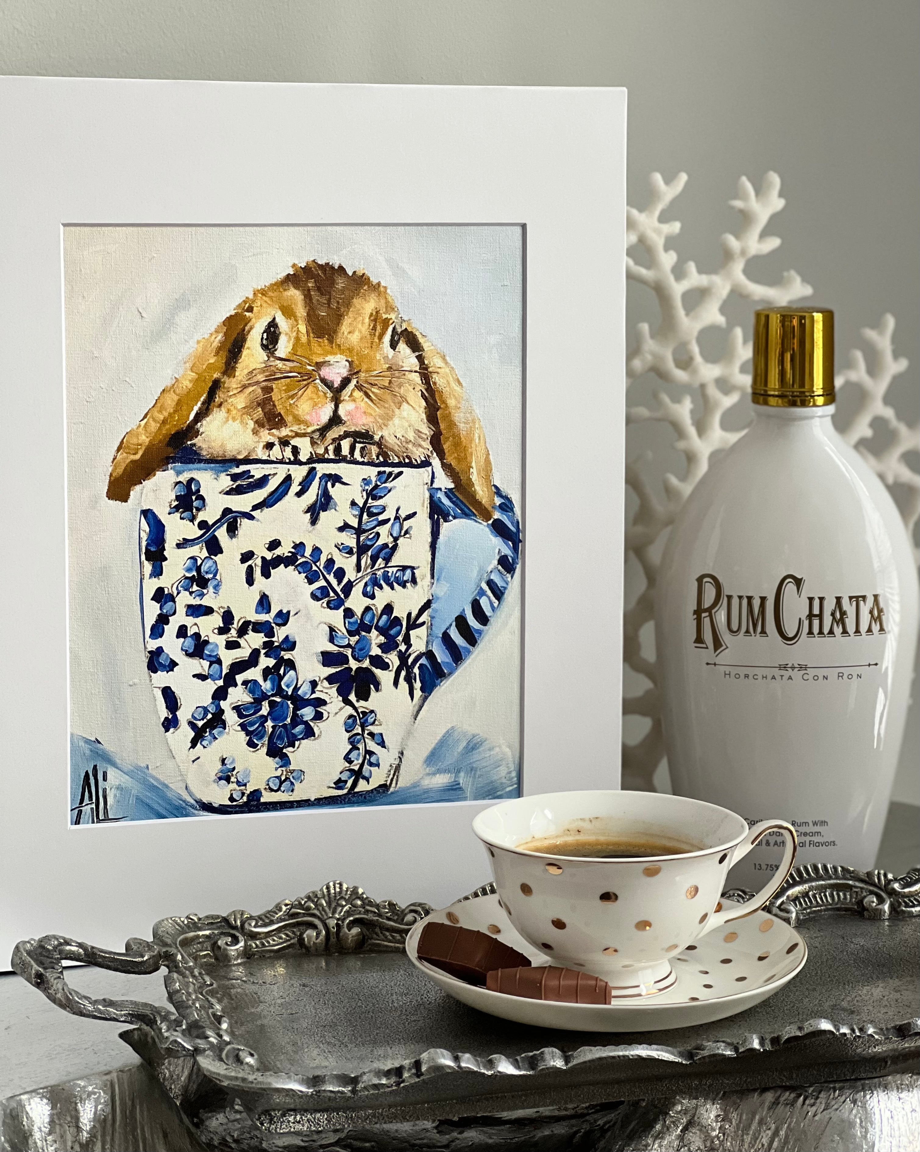 Bunny and Baileys Hand-Embellished 14x11 Canvas Art Print with White Mat - Perfect for Nursery, Kids Room Decor & Gift Ideas