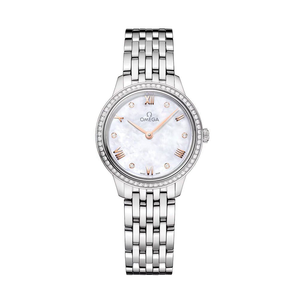 De Ville Prestige Diamonds Quartz 27.5mm Watch with Mother of Pearl Dial & Bracelet - Elegant Dress Watch for Women, Perfect for Business Meetings & Special Occasions