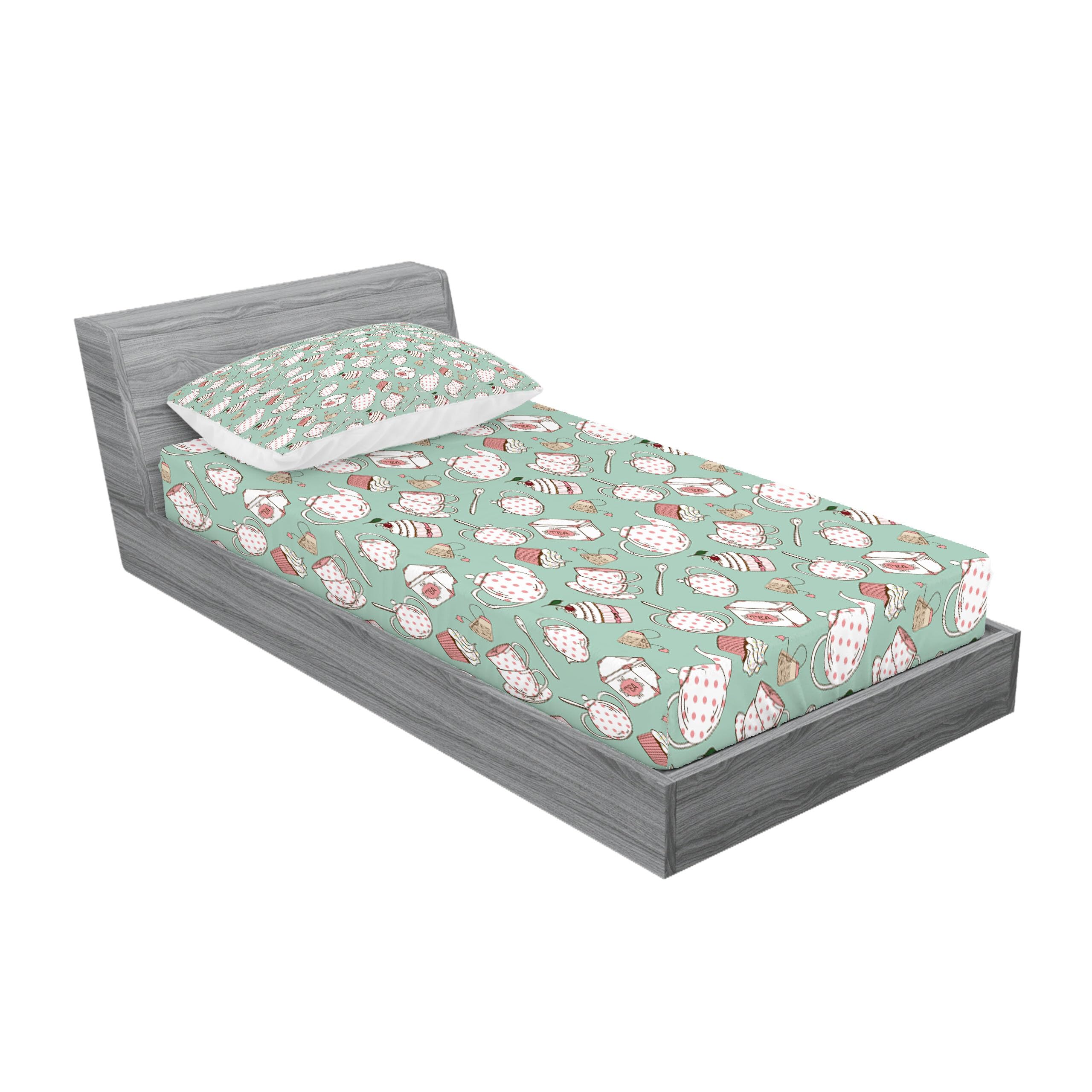 Ambesonne Tea Party 2-Piece Twin Bedding Set - Polka Dot Teapots, Cups & Cupcake with Cherry Design - Decorative Printed Fitted Sheet & Pillow Sham - Almond Green Coral - Perfect for Kids' Rooms, Themed Bedrooms & Tea Lover Gifts