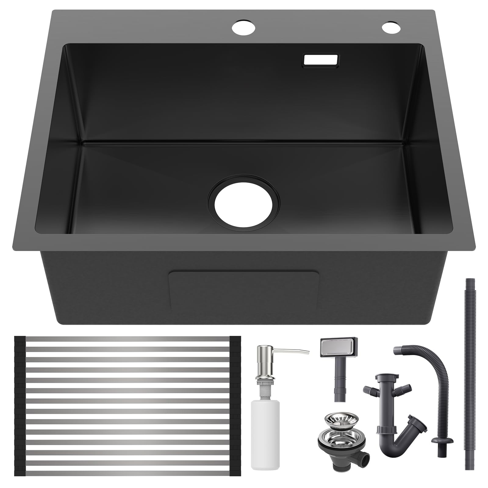 Lonheo 58 x 45 cm Black Kitchen Sink with Foldable Drainboard & Soap Dispenser - Single Bowl Stainless Steel Sink with Drainage System - Perfect for Modern Kitchens, Apartments & Small Spaces