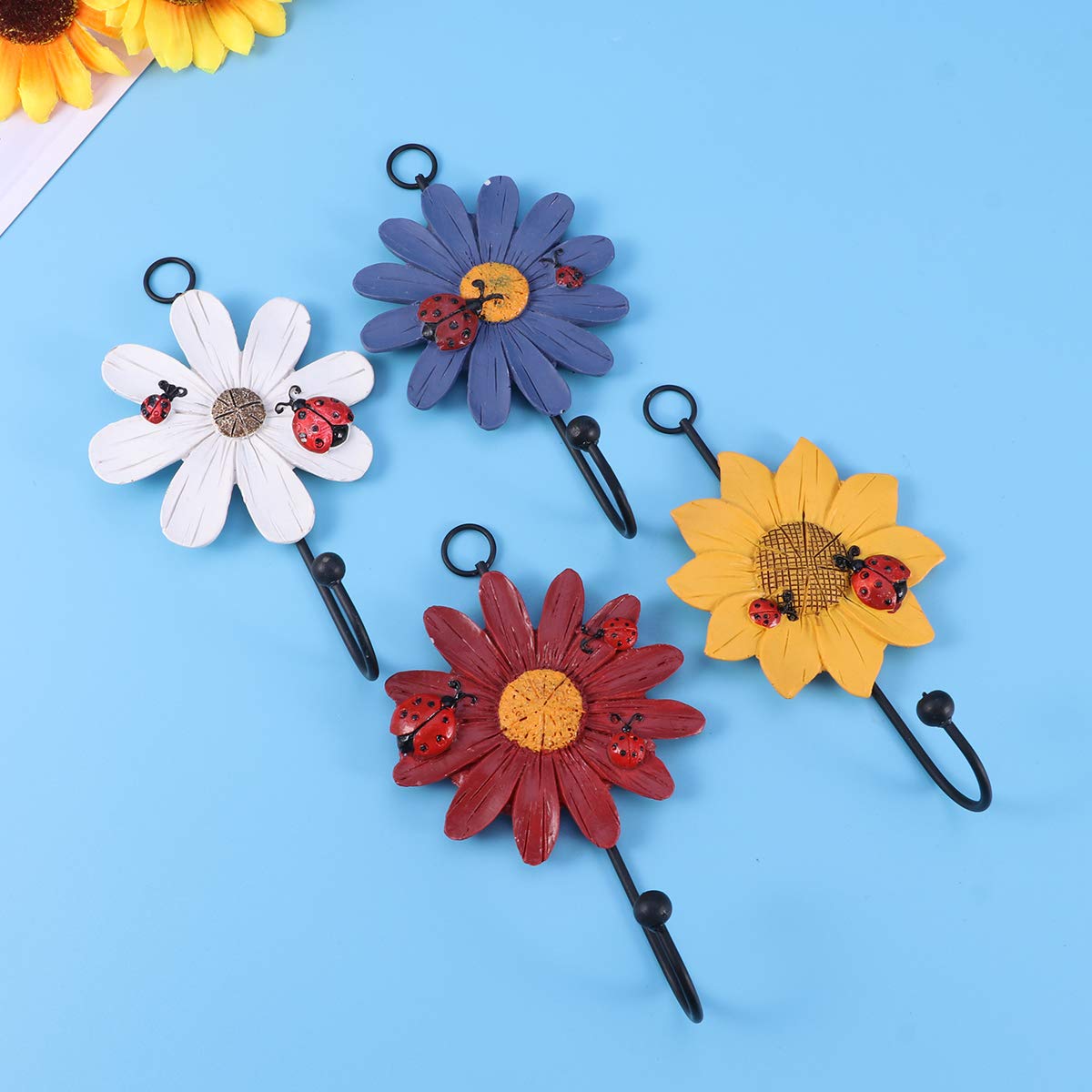 4-Pack Decorative Flower Resin Wrought Iron Wall Hooks - Red, Yellow, White & Purple - Coat Hooks for Garden, Entryway, Bedroom & Bathroom Organization - Rustic Home Decor Hanging Solution for Coats, Hats, Bags & Towels