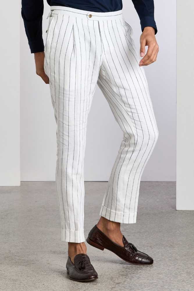 Roma Trouser - White and Navy Pinstripe Linen Pants for Women | Comfortable Summer Linen Trousers | Office Wear, Casual Outfits & Vacation Style