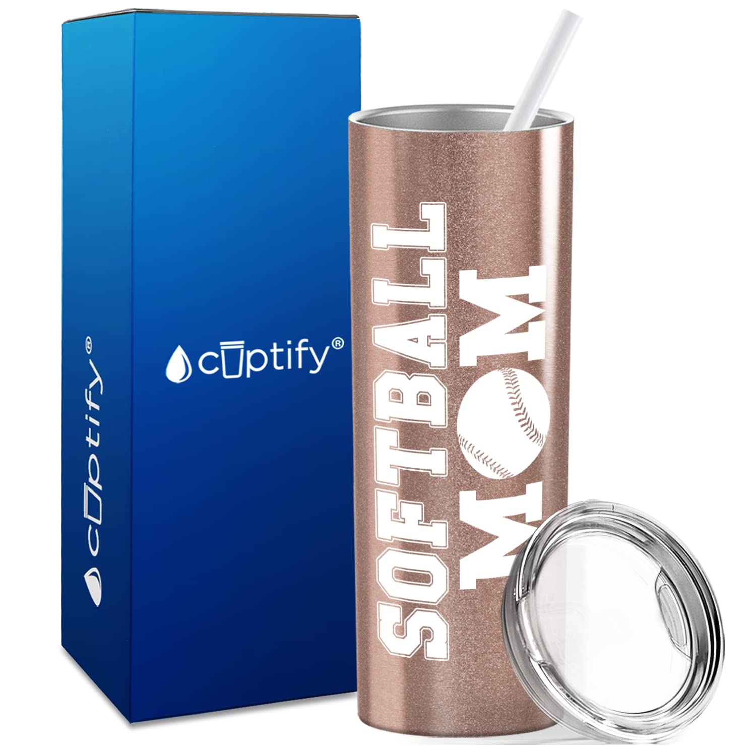 Cuptify Mom Softball Skinny Tumbler 20oz - Insulated Stainless Steel Cup with Lid & Straw, Rose Gold - Perfect Softball Gift for Players & Coaches, Great for Games, Practice & Sideline Hydration
