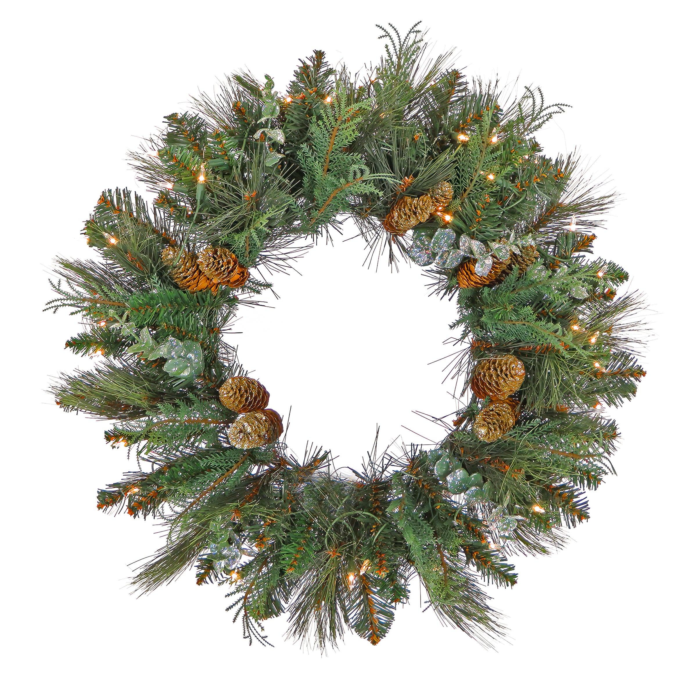 30 Inch Pre-Lit North Conway Christmas Wreath with 100 Clear LED Lights - Perfect for Front Door, Fireplace & Holiday Home Decor