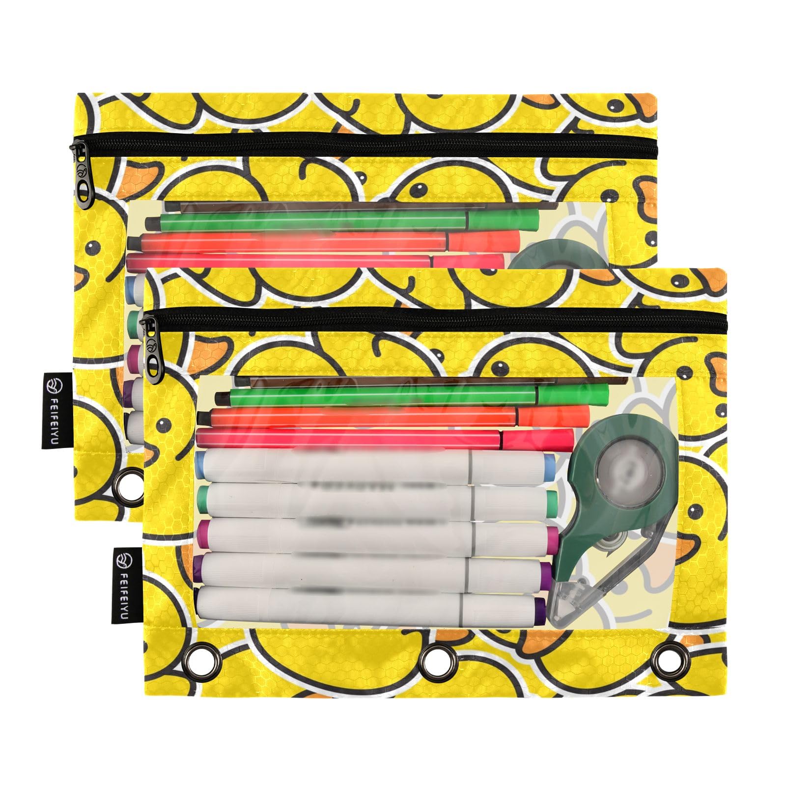 2 Pack Little Yellow Duck Pencil Pouch for 3 Ring Binder - Clear Window Zipper Pencil Case for School, Office & College Supplies - Perfect for Organizing Pens, Markers & Stationery in Classroom or Work