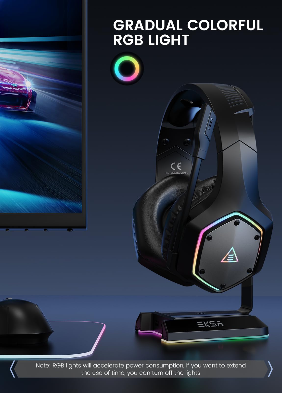 EKSA Wireless Gaming Headset with Microphone - 2.4GHz USB & 3.5mm Wired Headphones for PC, PS5, PS4, Xbox Series X/S, Nintendo Switch - 7.1 Surround Sound, RGB Lighting, Ergonomic Design - Perfect for Competitive Gaming, Streaming & Online Chat