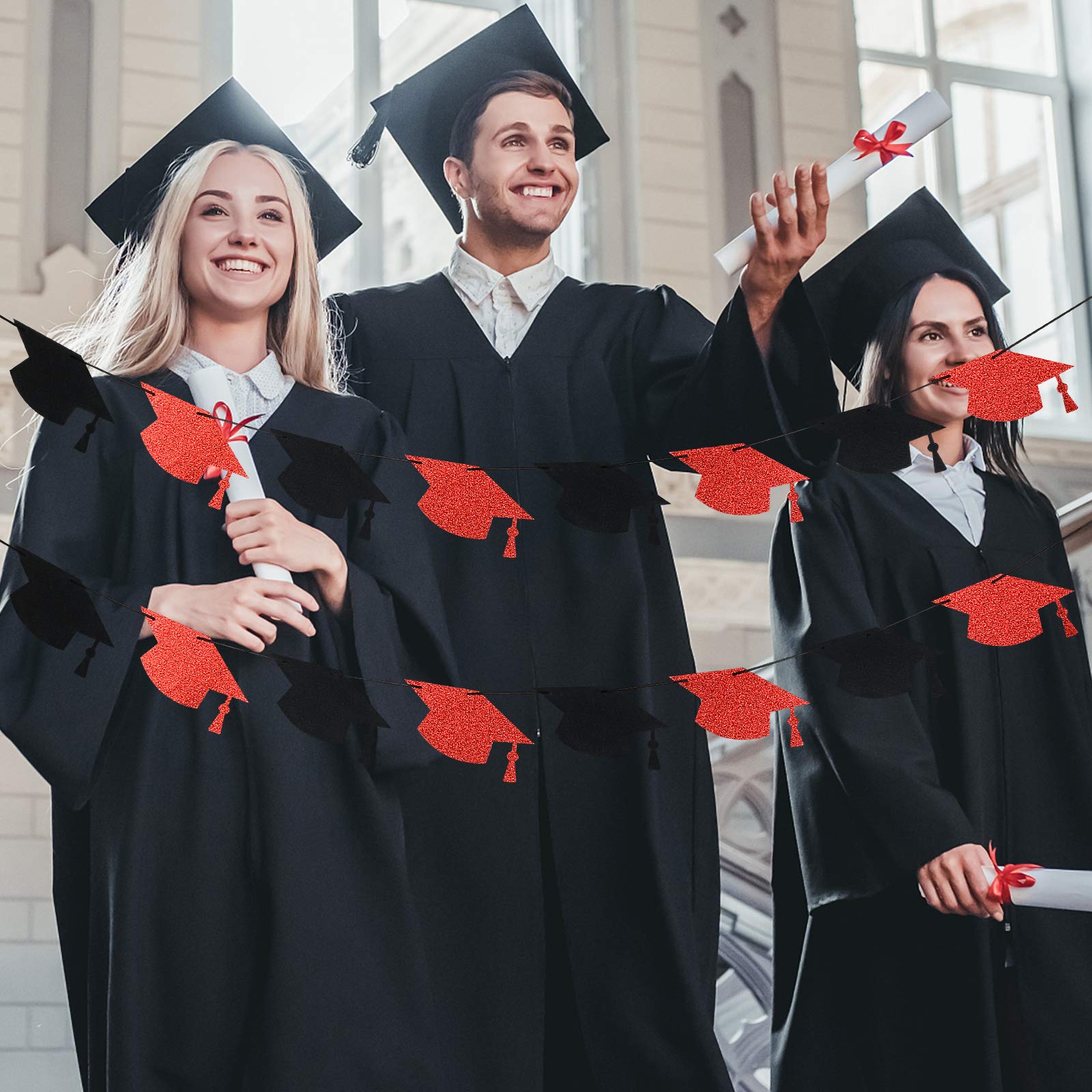2025 Red and Black Glitter Graduation Decorations - Graduation Cap Garland Banner for College Grad Party Decor | Perfect for Graduation Ceremonies, Photo Backdrops & Home Celebrations