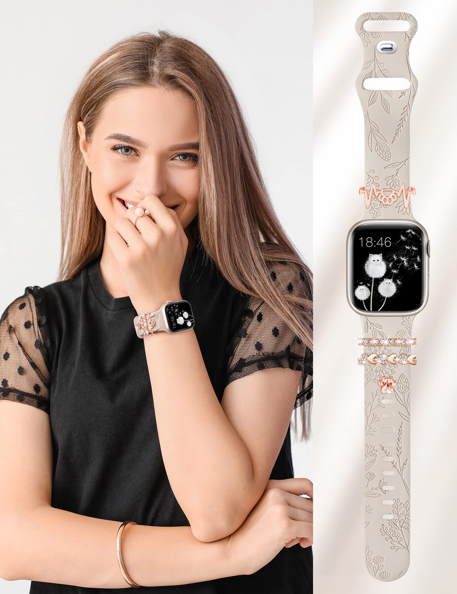TOYOUTHS Floral Engraved Silicone Apple Watch Band with Charms - Compatible with iWatch Series 10/9/SE/8/7/6/5/4/3/2/1 (38/40/41/42mm) - Women's Fashion Bracelet with Decorative Ring Loops - Starlight+Paw - Perfect for Work, Parties & Everyday Wear