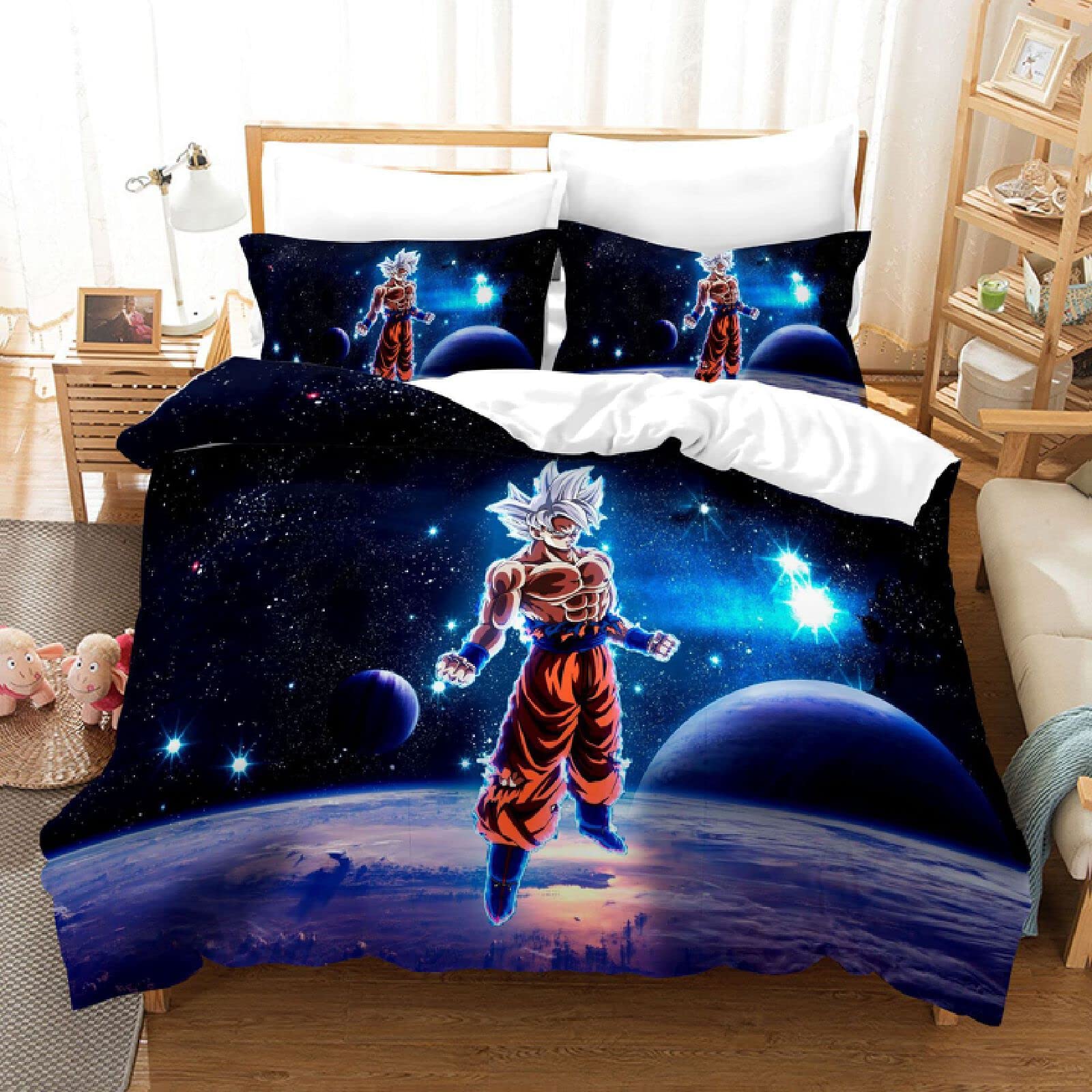 JiaFang Anime Goku Comforter Set - Dragon Ball Z Bedding for Boys, Queen Size 90x90 Inches - Soft Microfiber Quilt Cover with Pillowcases - Perfect for Gaming Rooms, Teen Bedrooms & Anime Themed Decor