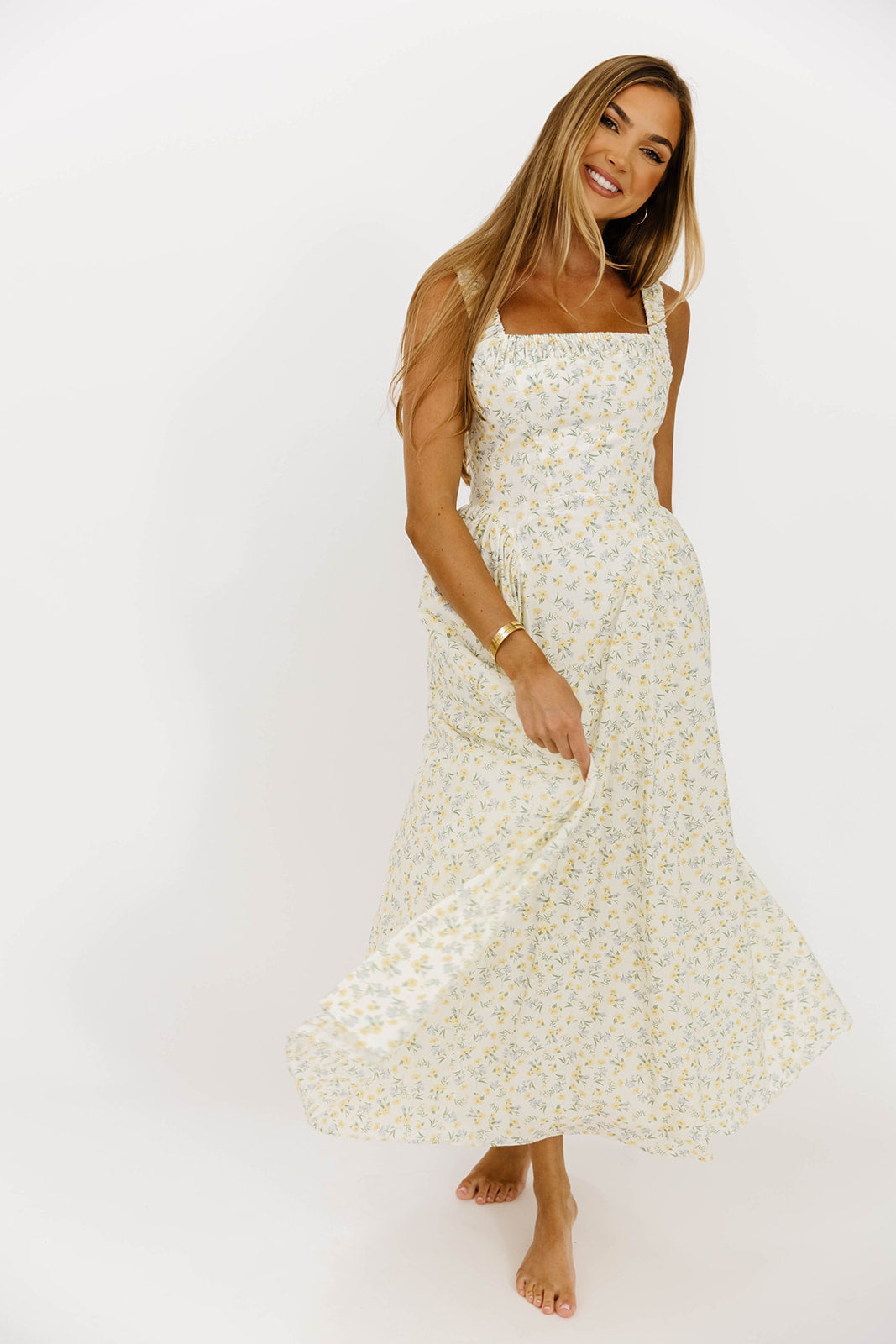 Trixy Floral Print Ruched Square Neck Midi Dress - Yellow Summer Dress for Women, Perfect for Beach Vacations, Garden Parties & Date Nights