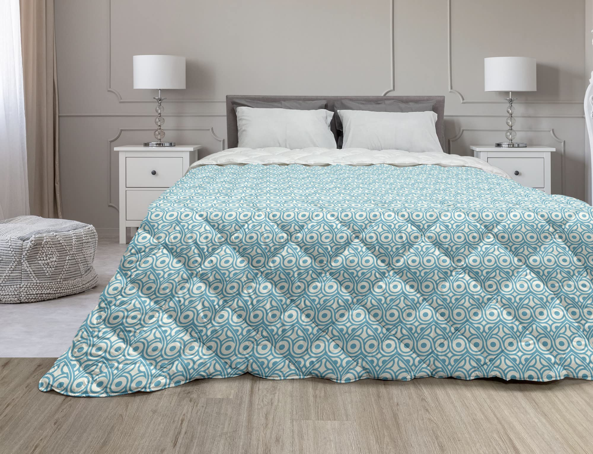 Ambesonne King Size Abstract Down Alternative Comforter - Middle Eastern Curly Floral & Swirls Ethnic Design, All-Season Microfiber Quilt in Cream & Sea Blue - Perfect for Bedroom Decor, Guest Rooms & Cozy Nights
