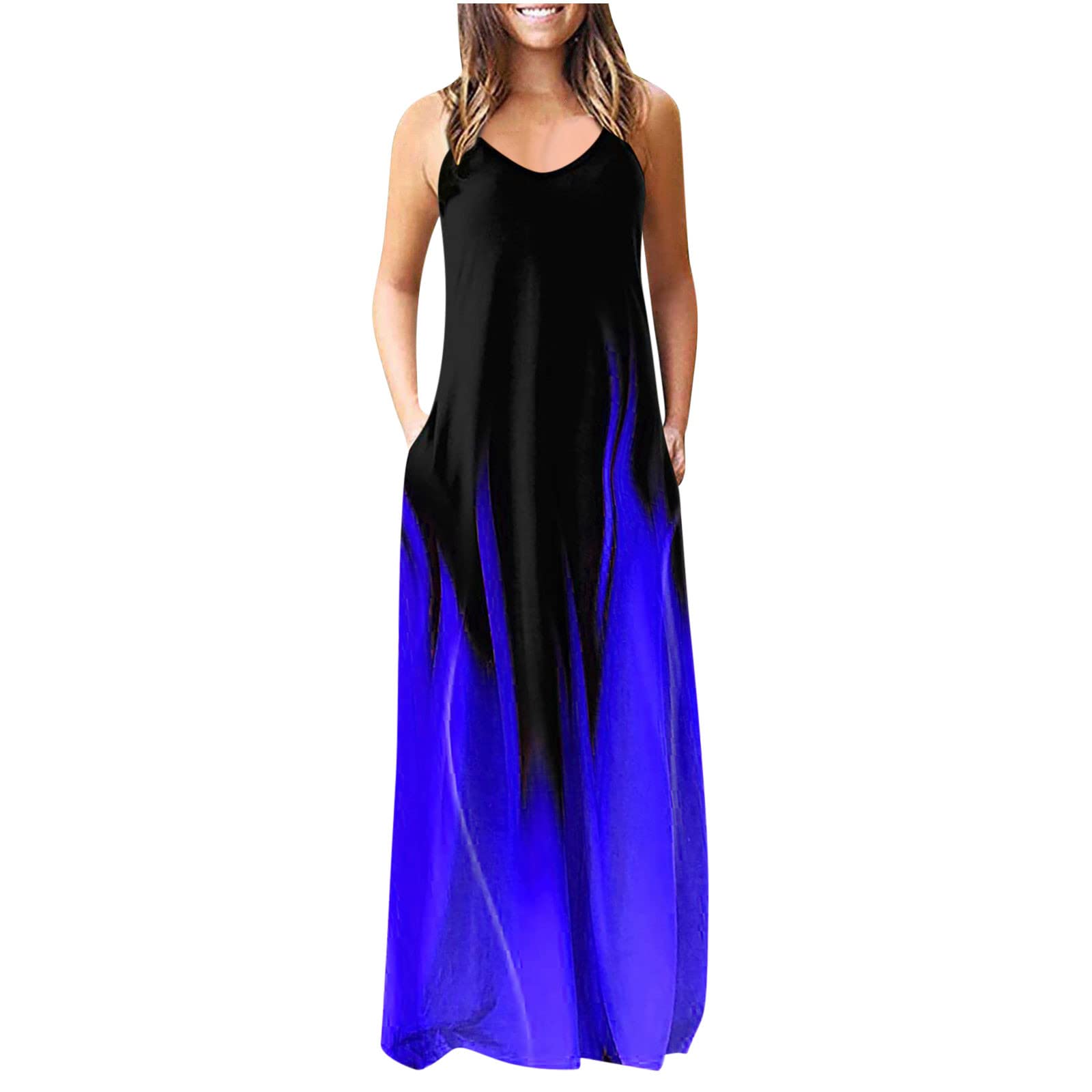 YSLMNOR Women's Plus Size Summer Maxi Dress - Gradient Print Sleeveless Long Dress with Pockets, Crewneck Casual Beach Dress for Vacation, Party & Everyday Wear